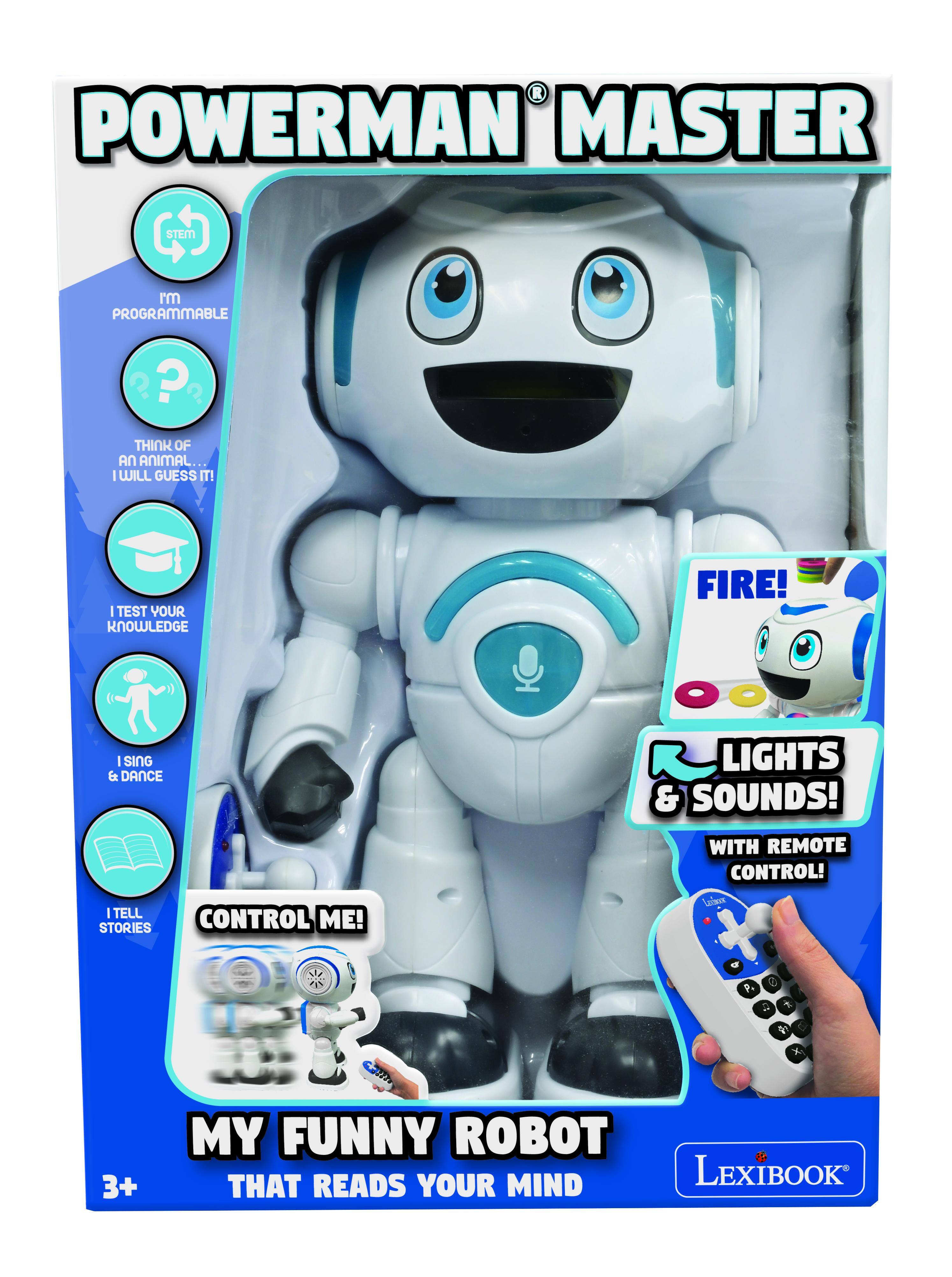 POWERMAN MASTER  
I'm PROGRAMMABLE  
THINK OF AN ANIMAL... I WILL GUESS IT!  
I TEST YOUR KNOWLEDGE  
I SING & DANCE  
I TELL STORIES  
CONTROL ME!  
LIGHTS & SOUNDS! WITH REMOTE CONTROL!  
MY FUNNY ROBOT THAT READS YOUR MIND  
LexiBook