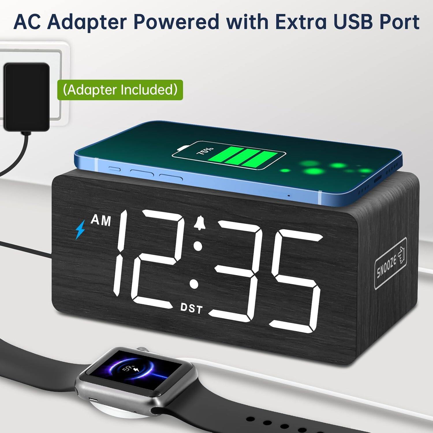 AC Adapter Powered with Extra USB Port  
(Adaptor Included)  

AM 12:35  
DST  

SNOOZE