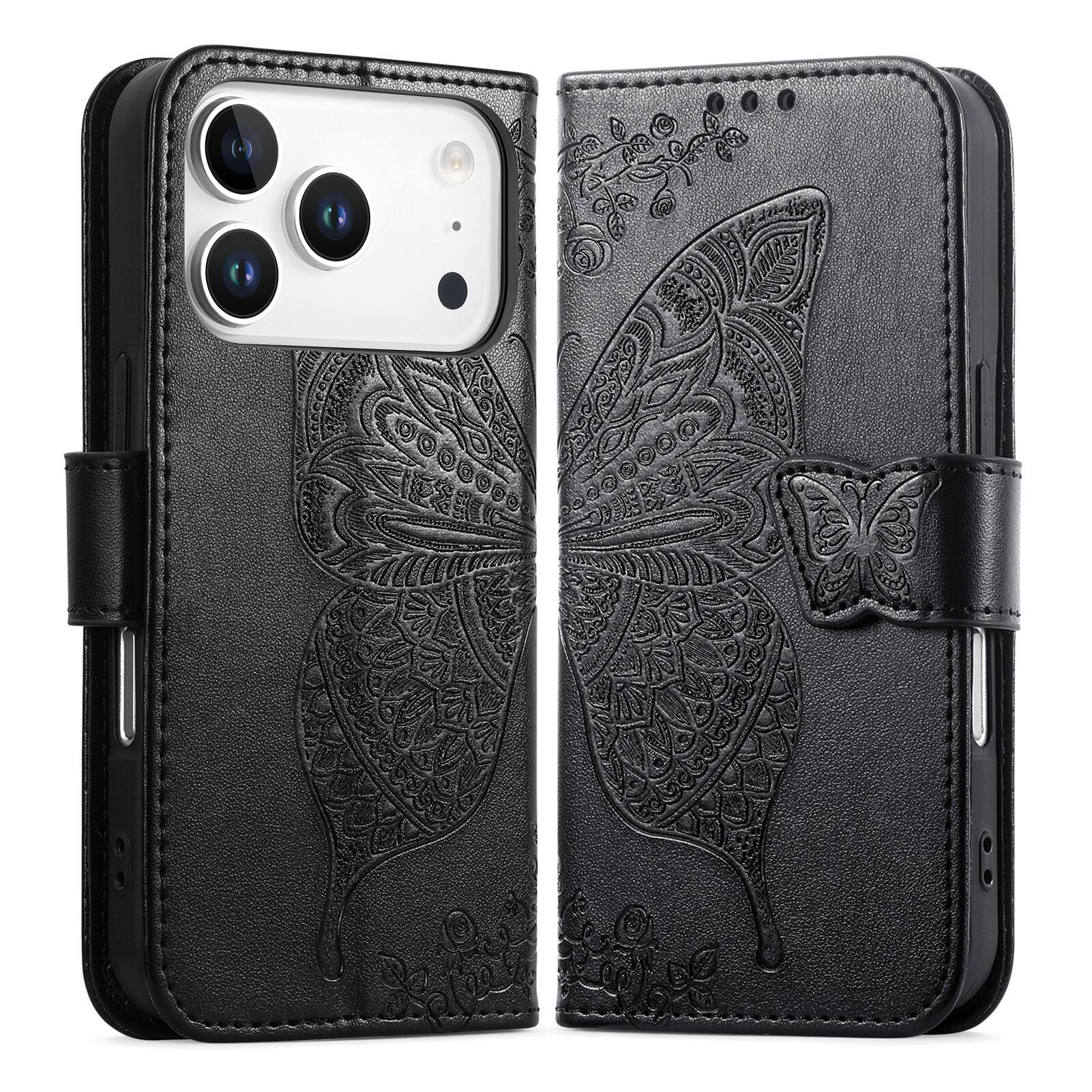 Angle. Dteck - Wallet Case for Apple iPhone 17 Pro, Embossed Butterfly Pattern Leather Card Slots Flip Stand Cover+Strap - Black.