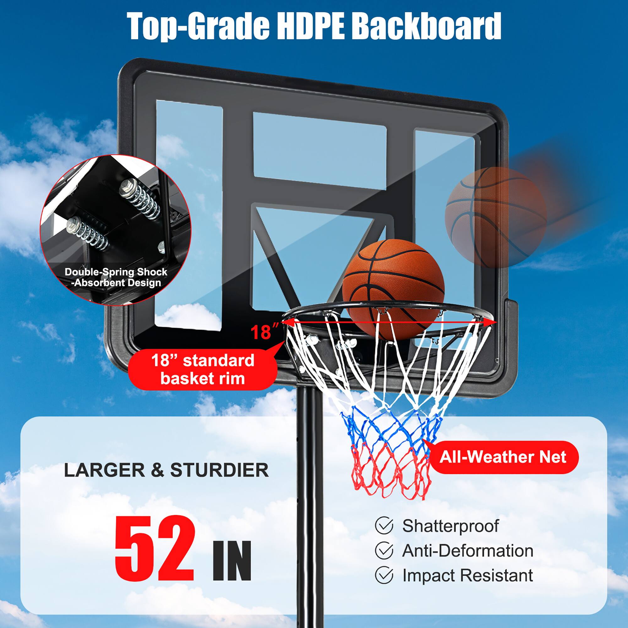 Top-Grade HDPE Backboard

Double-Spring Shock Absorbent Design

18" standard basket rim

LARGER & STURDIER

52 IN

All-Weather Net

Shatterproof
Anti-Deformation
Impact Resistant