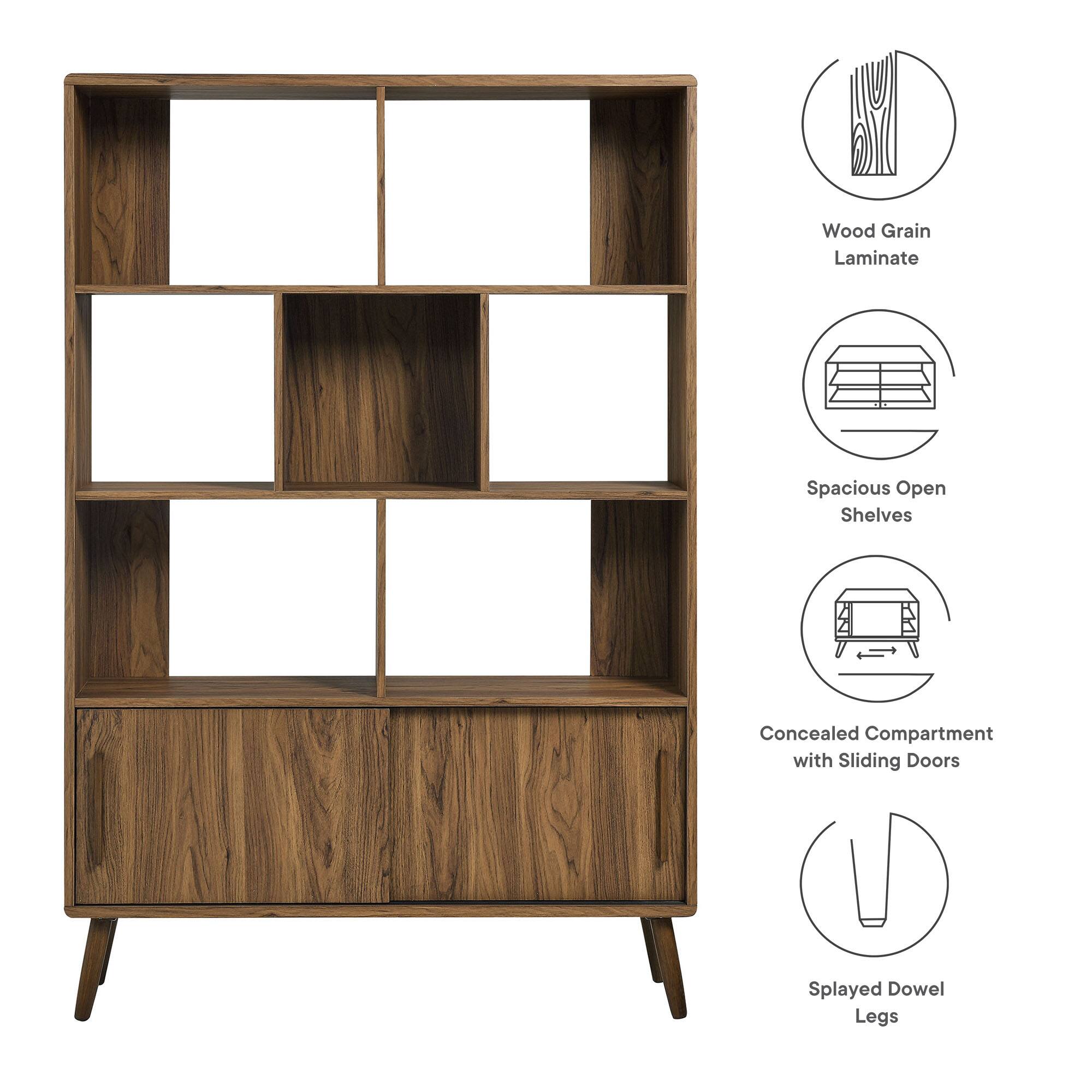 Wood Grain Laminate  
Spacious Open Shelves  
Concealed Compartment with Sliding Doors  
Splayed Dowel Legs
