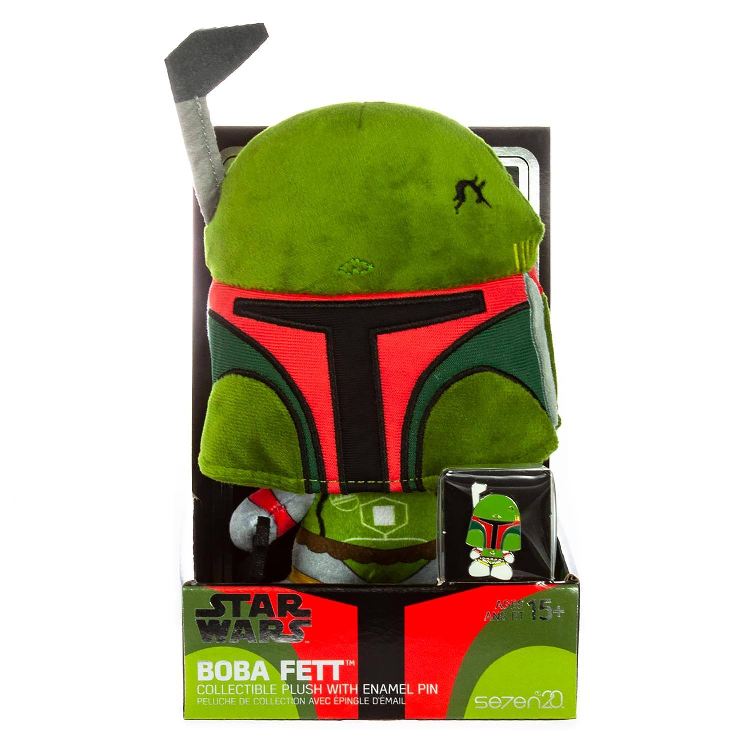 STAR WARS BOBA FETT COLLECTIBLE PLUSH WITH ENAMEL PIN  
PELUCHE DE COLLECTION AVEC EPINGLE D'EMAIL  
AGES 15+ ANS  
sezen20