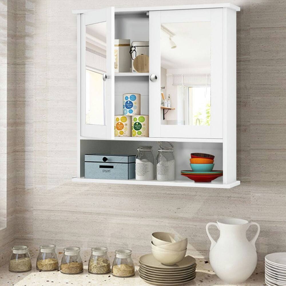 Alt View 4. Pefilos - Bathroom Cabinet Wall Mounted with Double Mirror Doors, Wood Hanging Cabinet with Doors and Shelves Over The Toilet - White.