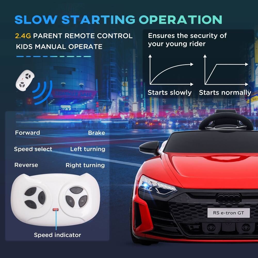 SLOW STARTING OPERATION

2.4G PARENT REMOTE CONTROL
KIDS MANUAL OPERATE

Ensures the security of your young rider

Starts slowly
Starts normally

Forward
Brake
Speed select
Left turning
Reverse
Right turning

RS e-tron GT

Speed indicator