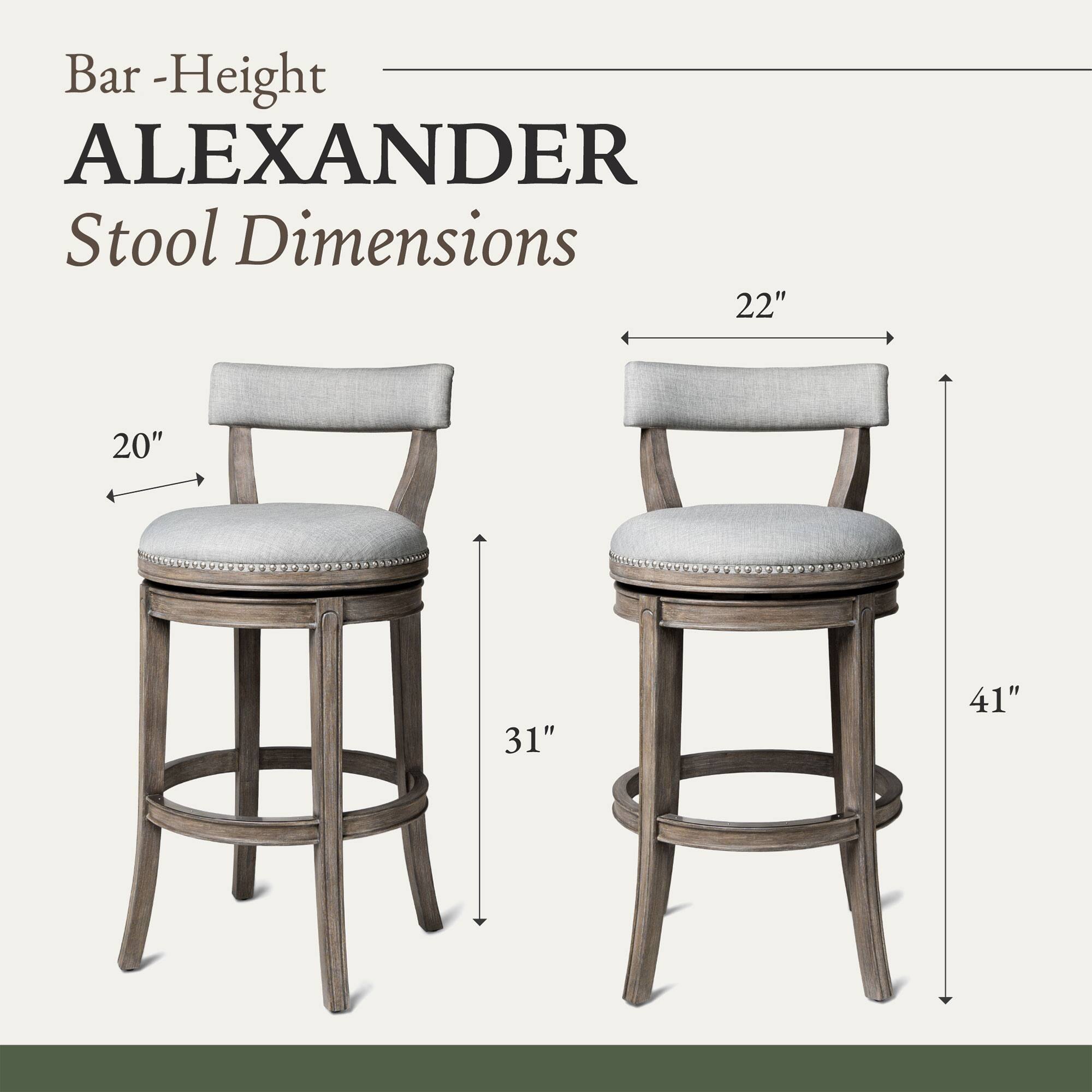 Bar-Height ALEXANDER Stool Dimensions

- Seat Width: 20"
- Seat Depth: 22"
- Seat Height: 31"
- Overall Height: 41"