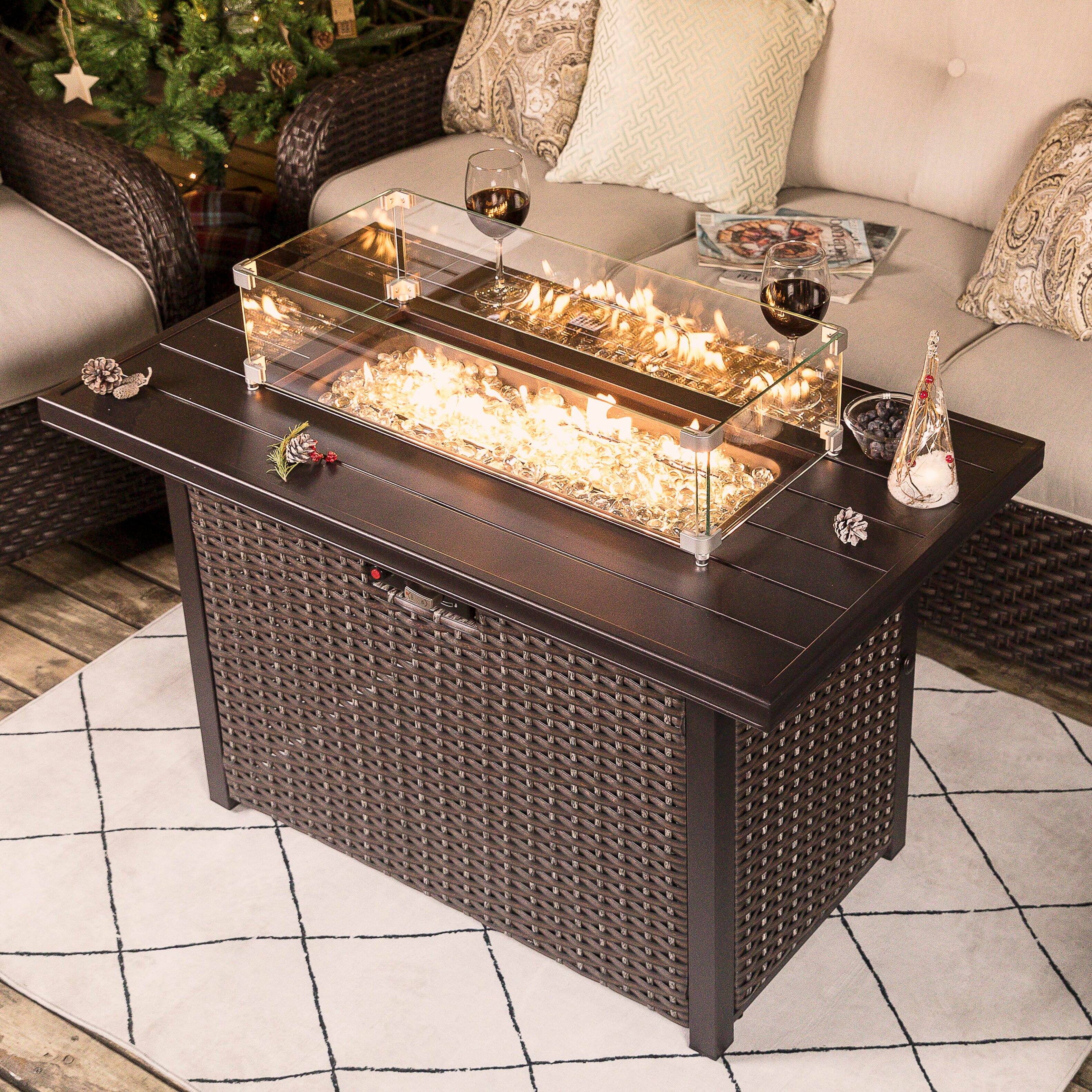 Front. Nuu Garden - Nuu Garden Outdoor 43-inch 50,000 BTU Propane Gas Fire Pit Table, Aluminum Tabletop and PE Rattan Weaved Iron Frame - Dark Brown.