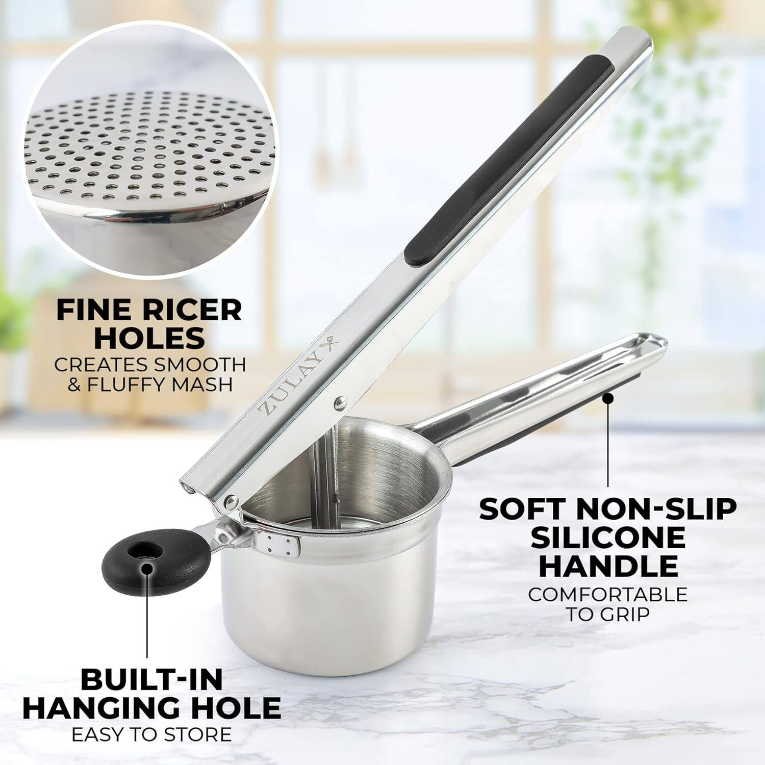 - Fine ricer holes create smooth & fluffy mash
- Soft non-slip silicone handle comfortable to grip
- Built-in hanging hole easy to store