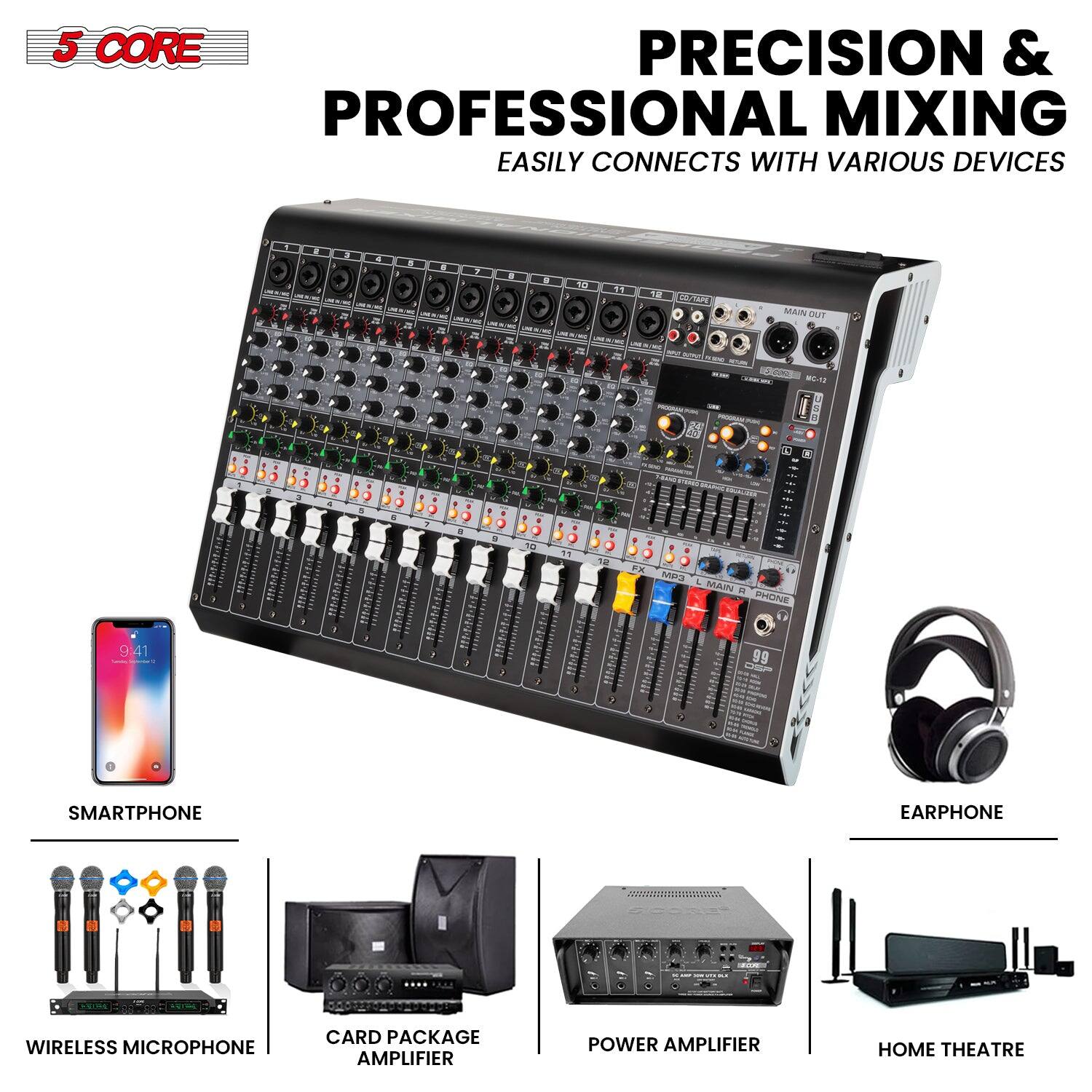 5 CORE  
PRECISION & PROFESSIONAL MIXING  
EASILY CONNECTS WITH VARIOUS DEVICES  

SMARTPHONE  
WIRELESS MICROPHONE  
CARD PACKAGE AMPLIFIER  
POWER AMPLIFIER  
HOME THEATRE  
EARPHONE