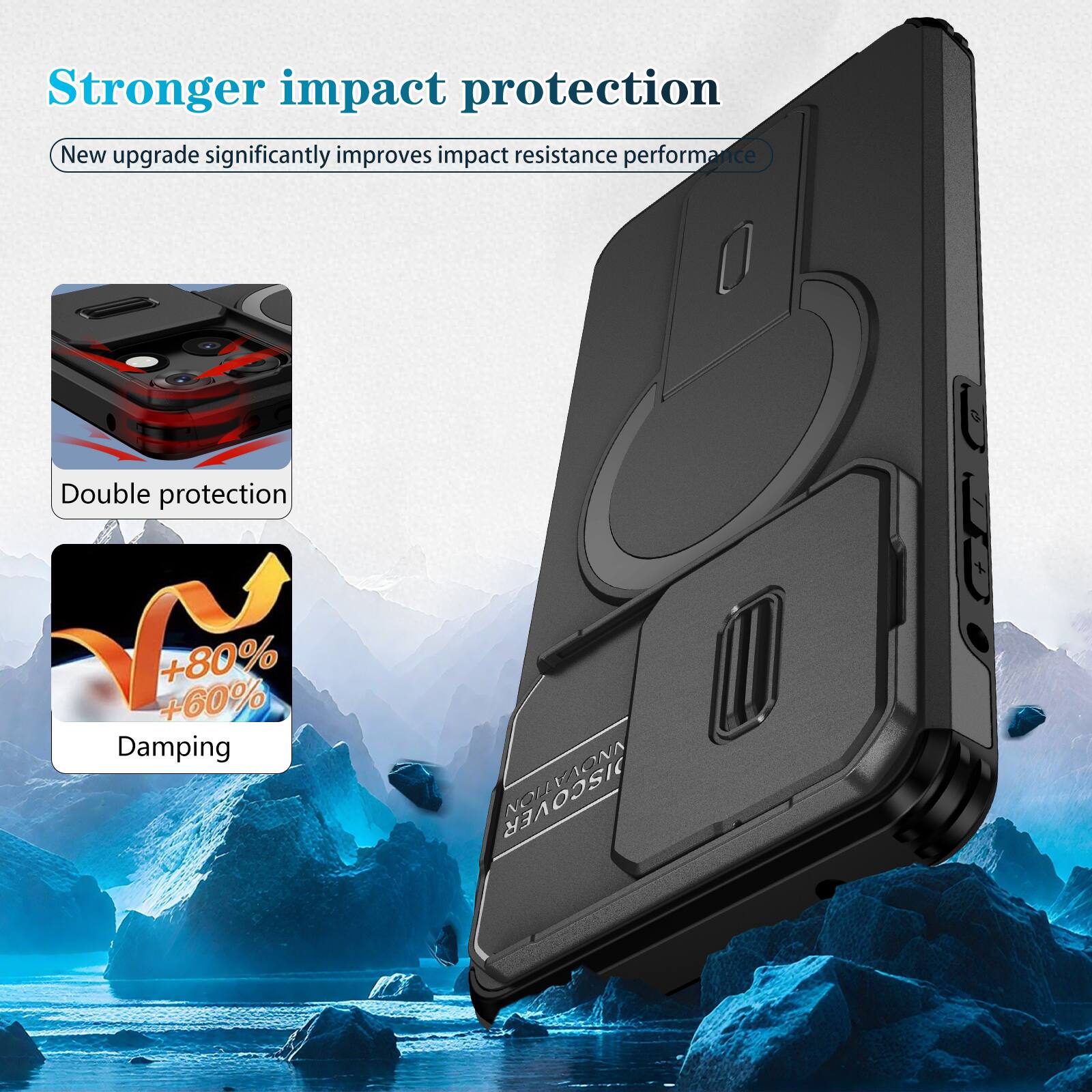 Stronger impact protection  
New upgrade significantly improves impact resistance performance  
Double protection  
+80% +60% Damping