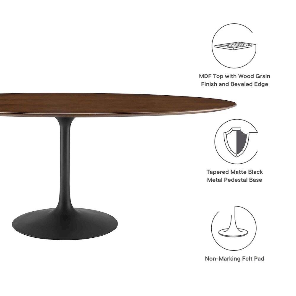MDF Top with Wood Grain Finish and Beveled Edge  
Tapered Matte Black Metal Pedestal Base  
Non-Marking Felt Pad