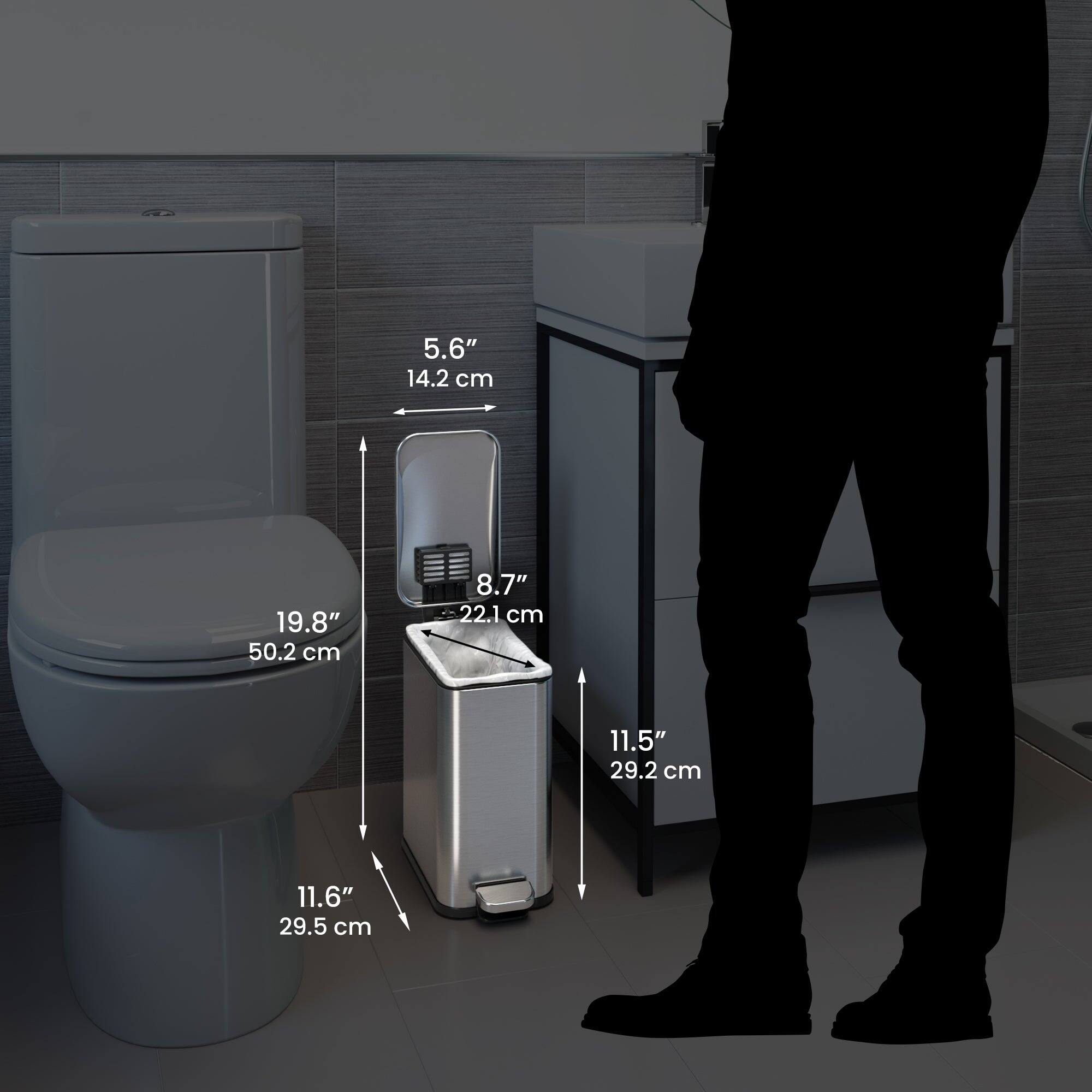 5.6" 14.2 cm  
19.8" 50.2 cm  
8.7" 22.1 cm  
11.5" 29.2 cm  
11.6" 29.5 cm