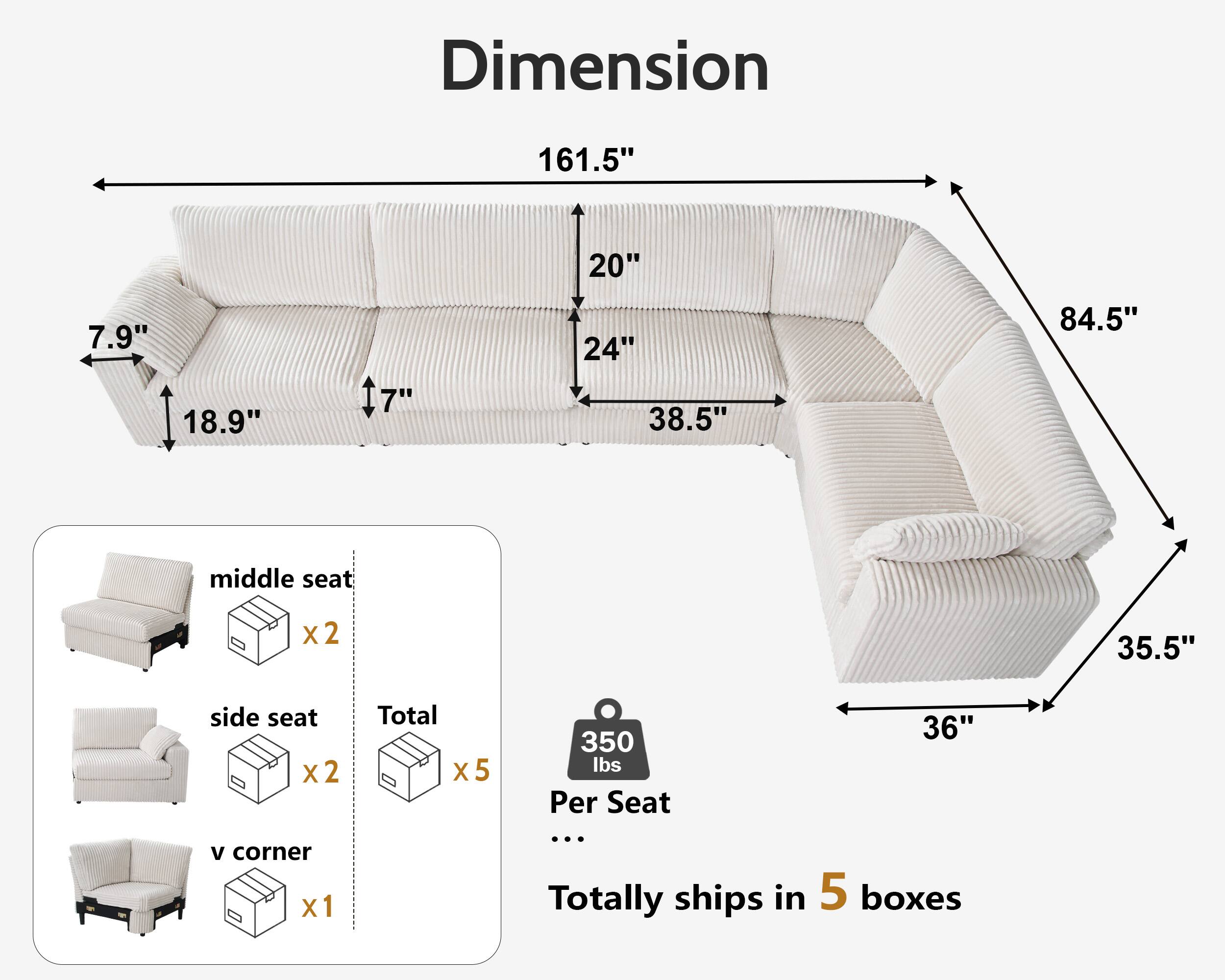 Dimension  
161.5" x 84.5" x 38.5" x 24" x 20" x 18.9" x 7" x 7.9" x 35.5" x 36"  

middle seat x2  
side seat x2  
v corner x1  

Total x5  
350 lbs Per Seat  

Totally ships in 5 boxes