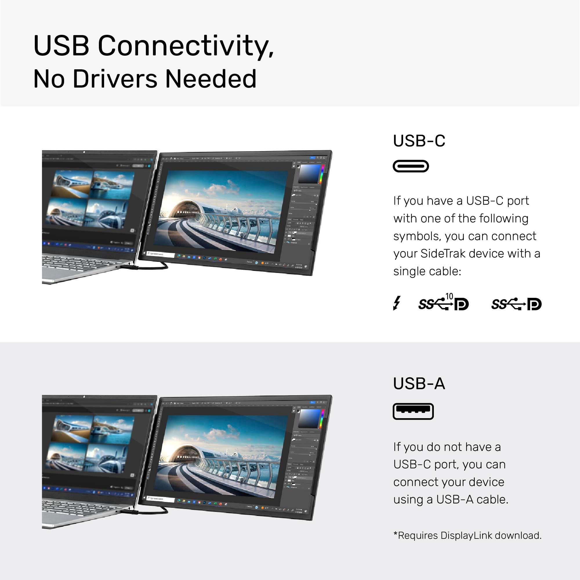 USB Connectivity, No Drivers Needed USB-C: If you have a USB-C port with one of the following symbols, you can connect your SideTrak device with a single cable: $ SS 10 P SS P USB-A: If you do not have a USB-C port, you can connect your device using a USB-A cable. *Requires DisplayLink download.