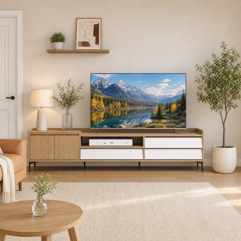 Angle. WELLFOR - Mid Century Modern TV Stand for TVs up to 80", Entertainment Center with Storage Cabinet & Drawer - Natural.