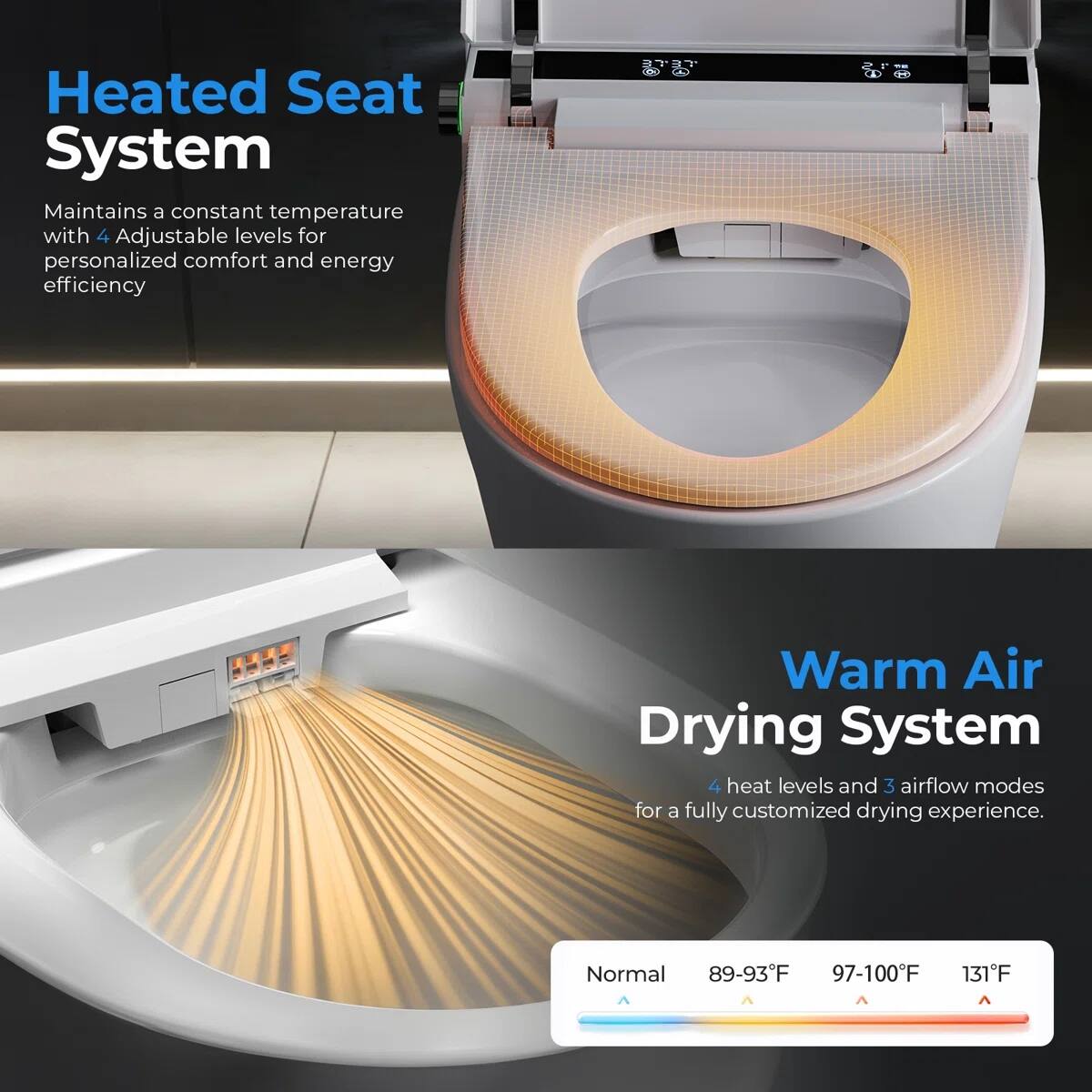 Heated Seat System  
Maintains a constant temperature with 4 Adjustable levels for personalized comfort and energy efficiency  

Warm Air Drying System  
4 heat levels and 3 airflow modes for a fully customized drying experience.  

Normal  
89-93°F  
97-100°F  
131°F