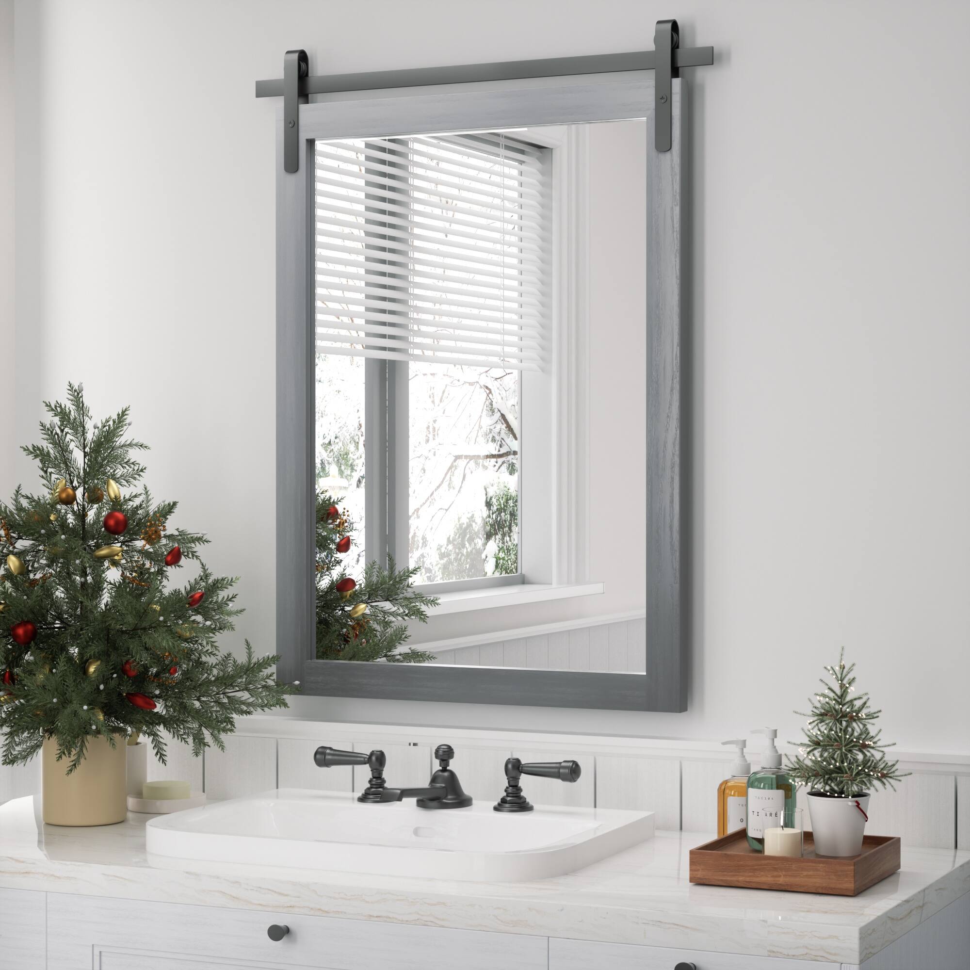 PAIHOME - Modern Style Bathroom Mirror Waterproof Solid Wood Frame Wall Mirror Suitable for Living Room Bedroom - Grey - 18"x26"
