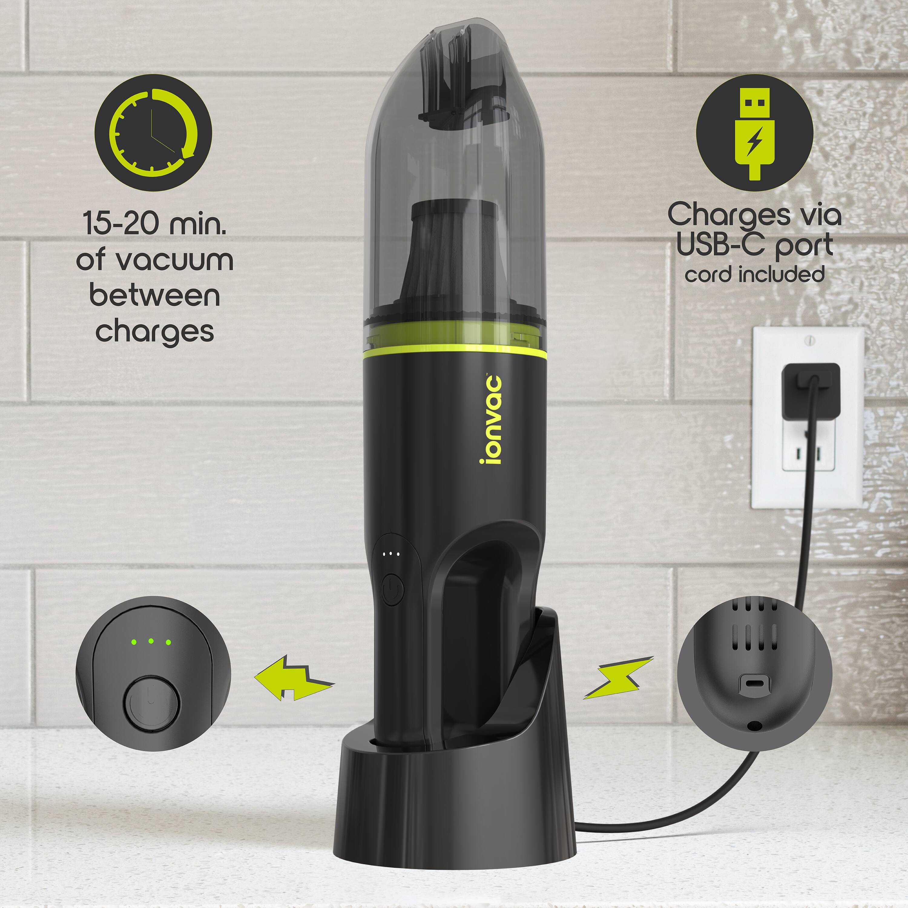 15-20 min. of vacuum between charges  
Charges via USB-C port  
cord included