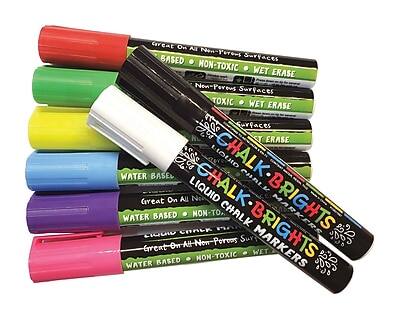 Great On All Non-Porous Surfaces  
WATER BASED  
NON-TOXIC  
WET ERASE  

Great On All Non-Porous Surfaces  
WATER BASED  
NON-TOXIC  
WET ERASE  

CHALK-BRIGHTS  
LIQUID CHALK MARKERS  
Great On All Non-Porous Surfaces  
WATER BASED  
NON-TOXIC  
WET ERASE