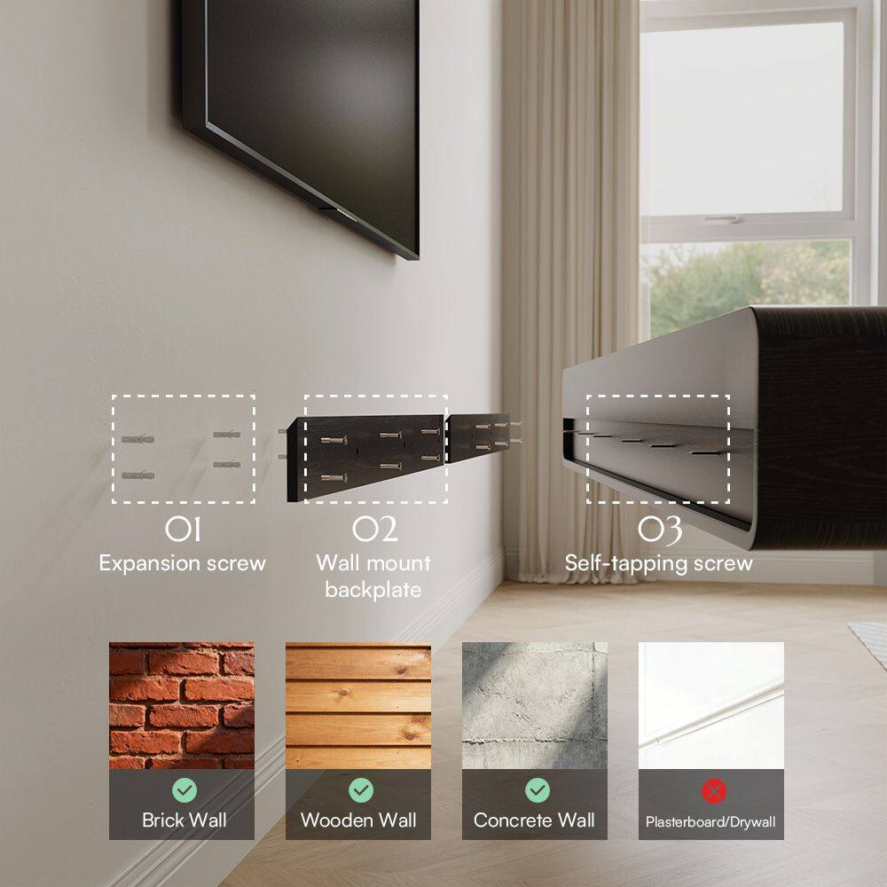 OI Expansion screw  
02 Wall mount backplate  
03 Self-tapping screw  

Brick Wall  
Wooden Wall  
Concrete Wall  
Plasterboard/Drywall