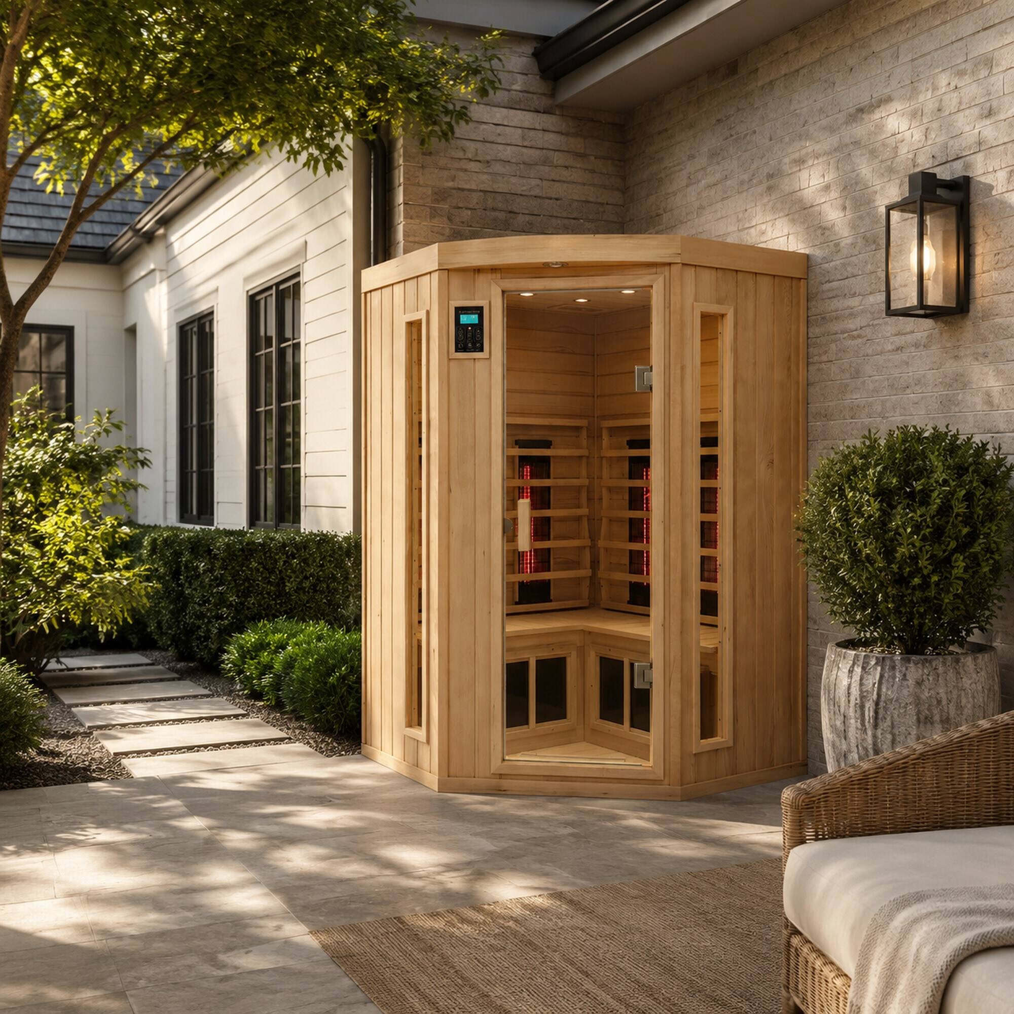 Left. RYHNUYNE - Hemlock Wood Pentagonal Far Infrared Sauna, Double Opening Glass Doors, Indoor Home Relaxation, Carbon Crystal Heating - Natural.
