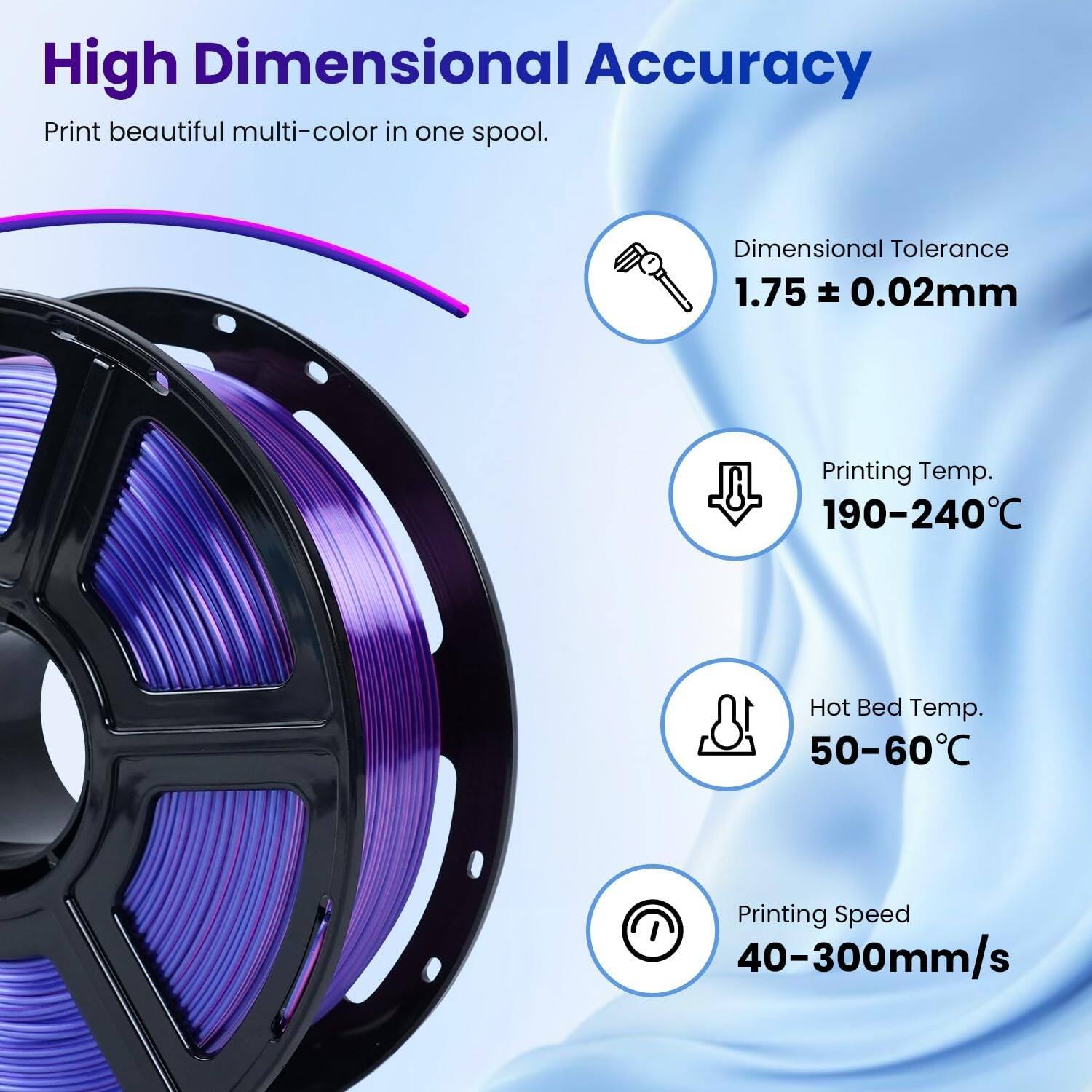 High Dimensional Accuracy  
Print beautiful multi-color in one spool.  

Dimensional Tolerance 1.75 ± 0.02mm  
Printing Temp. 190-240°C  
Hot Bed Temp. 50-60°C  
Printing Speed 40-300mm/s