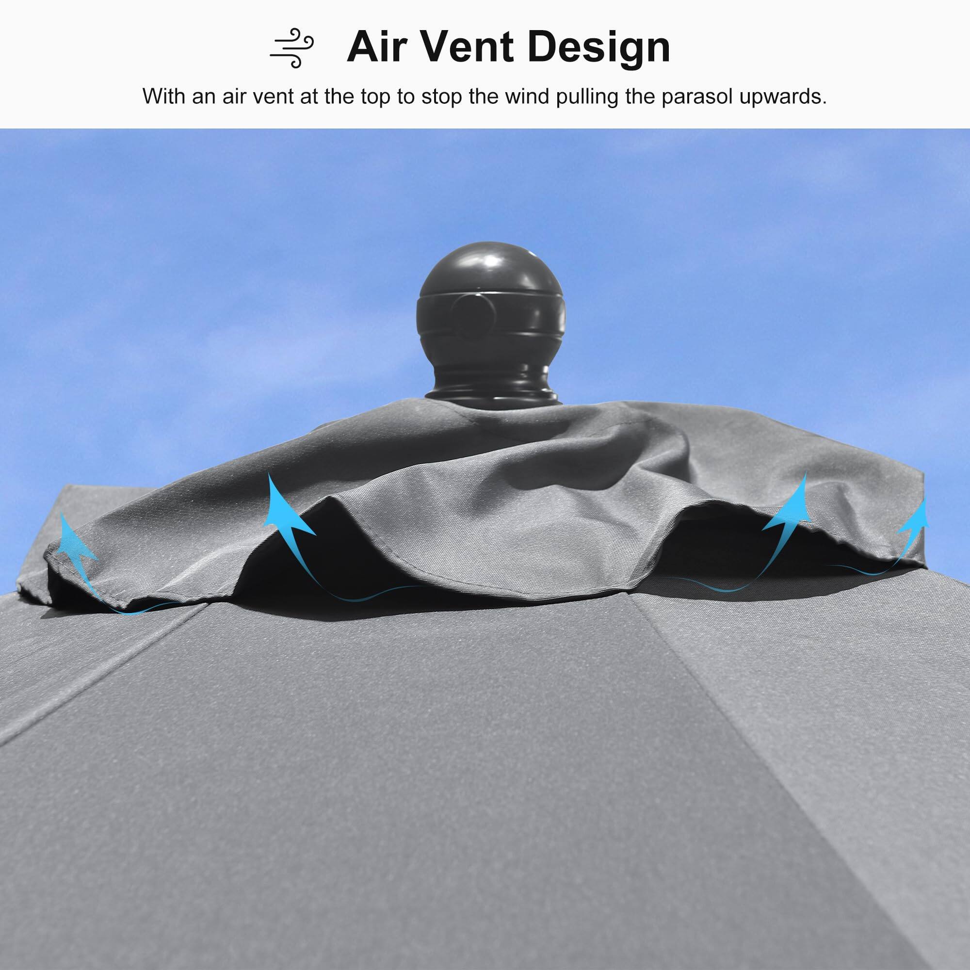 Air Vent Design

With an air vent at the top to stop the wind pulling the parasol upwards.