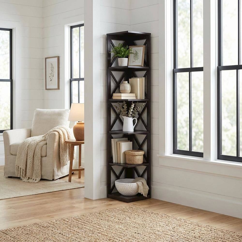 Alt View 1. FurniFact - Corner bookcase in a sleek finish with five spacious shelves - Espresso.
