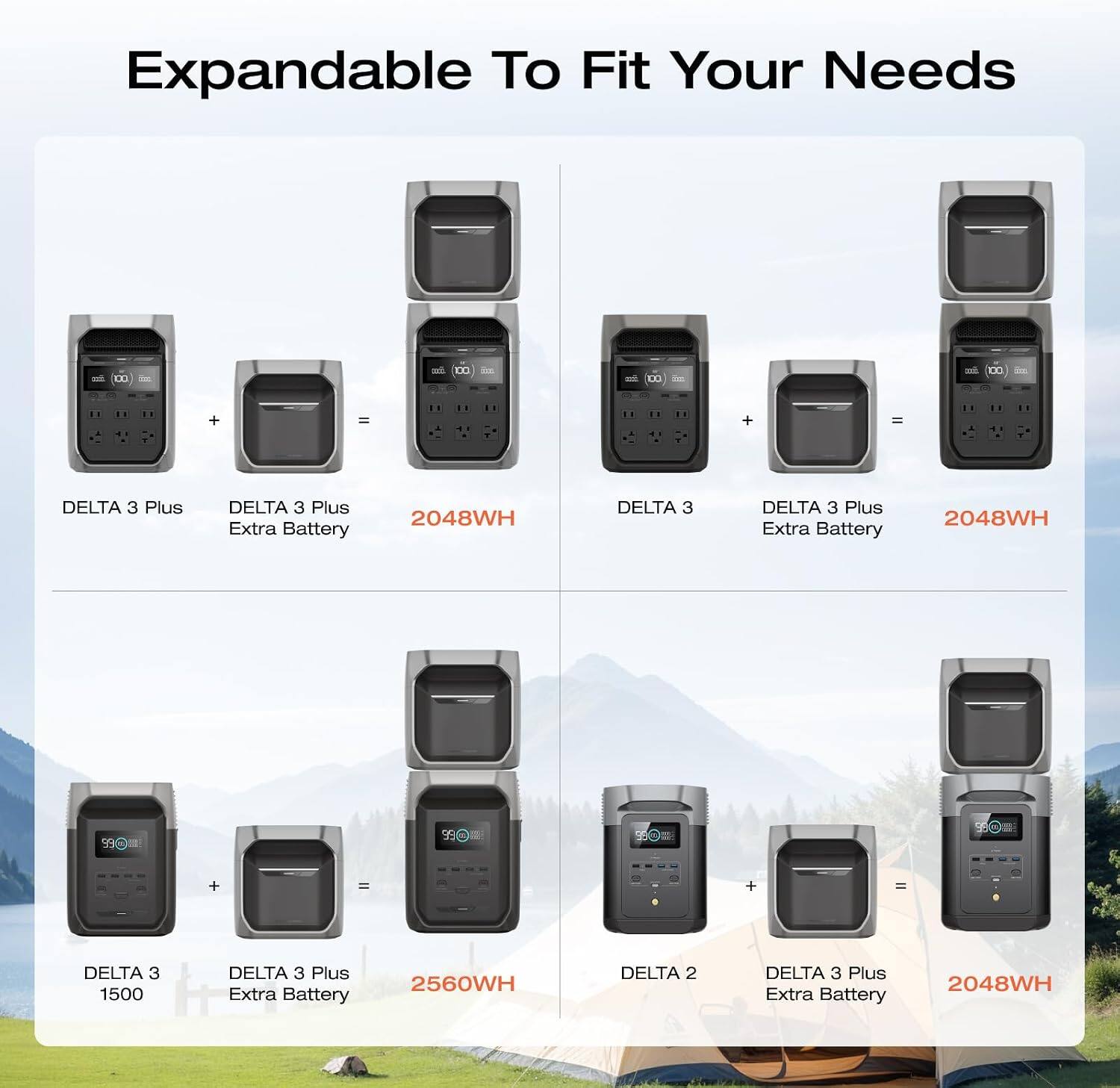 Expandable To Fit Your Needs

DELTA 3 Plus
DELTA 3 Plus Extra Battery
2048WH

DELTA 3
DELTA 3 Plus Extra Battery
2048WH

DELTA 3 1500
DELTA 3 Plus Extra Battery
2560WH

DELTA 2
DELTA 3 Plus Extra Battery
2048WH