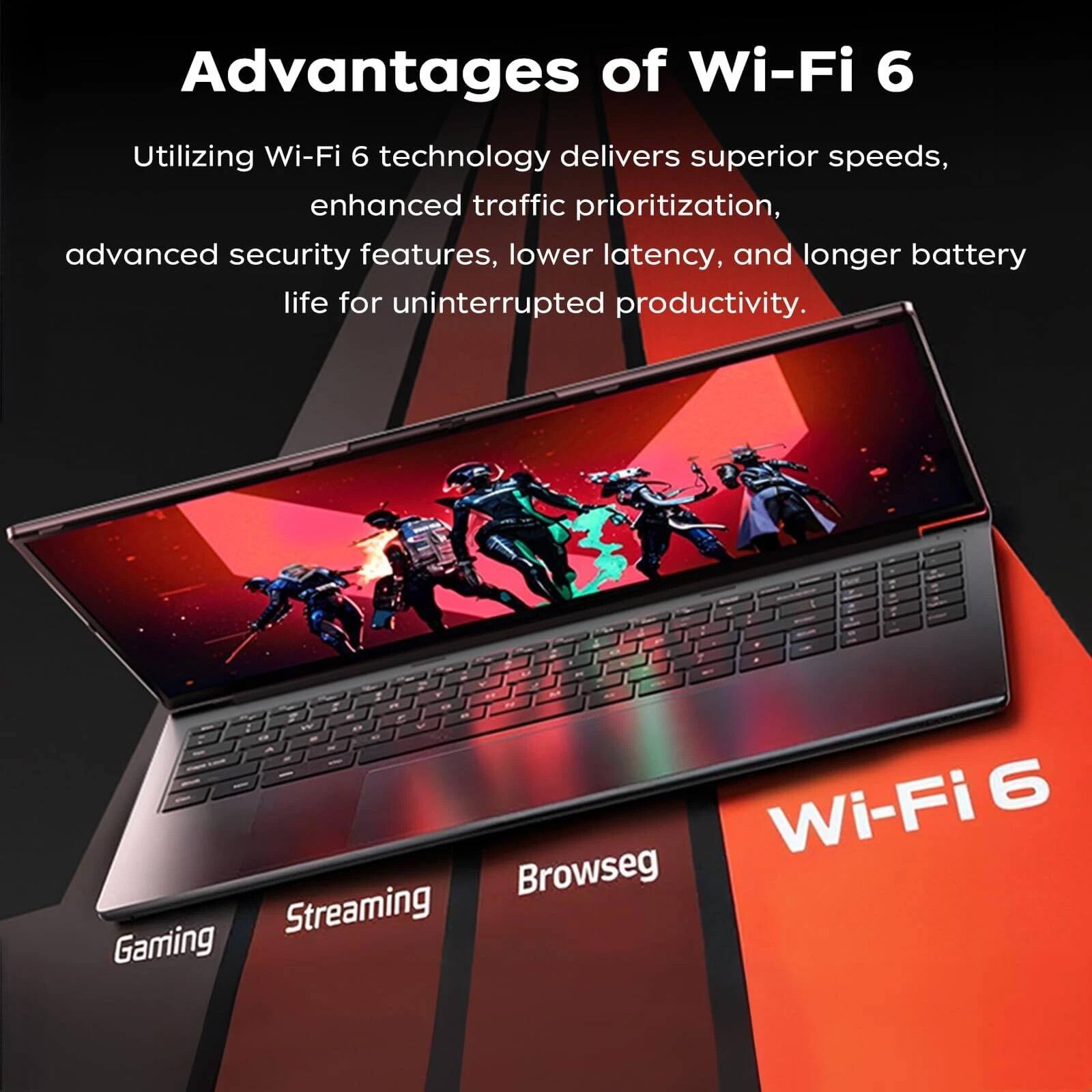 Advantages of Wi-Fi 6

Utilizing Wi-Fi 6 technology delivers superior speeds, enhanced traffic prioritization, advanced security features, lower latency, and longer battery life for uninterrupted productivity.

- Gaming
- Streaming
- Browsing