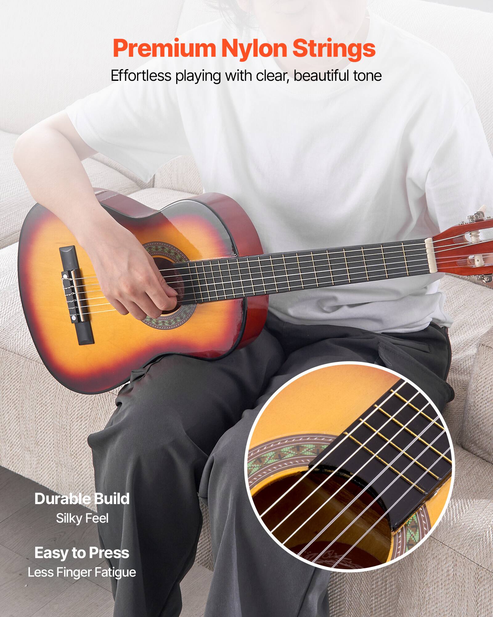 Premium Nylon Strings  
Effortless playing with clear, beautiful tone  

Durable Build  
Silky Feel  
Easy to Press  
Less Finger Fatigue