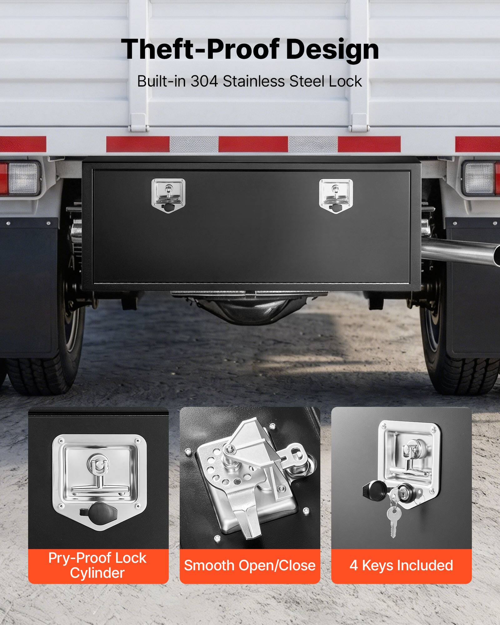 Theft-Proof Design  
Built-in 304 Stainless Steel Lock  

- Pry-Proof Lock Cylinder  
- Smooth Open/Close  
- 4 Keys Included