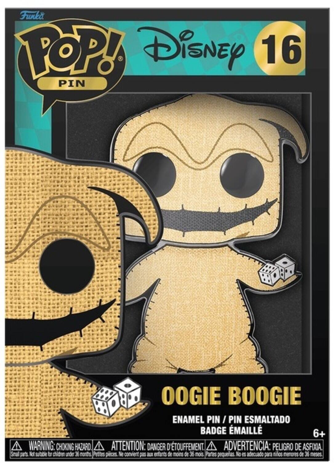 Funko POP! Disney 16 PIN OOGIE BOOGIE ENAMEL PIN / PIN ESMALTADO BADGE ÉMAILLE 6+ WARNING: CHOKING HAZARD ATTENTION: DANGER D'ÉTOUFFEMENT. ADVERTENCIA: PELIGRO DE ASFIXIA. Small parts. Not suitable for children under 36 months. Petites pièces. Ne convient pas aux enfants de moins de 36 mois. Partes pequeñas. No es adecuado para niños menores de 36 meses.