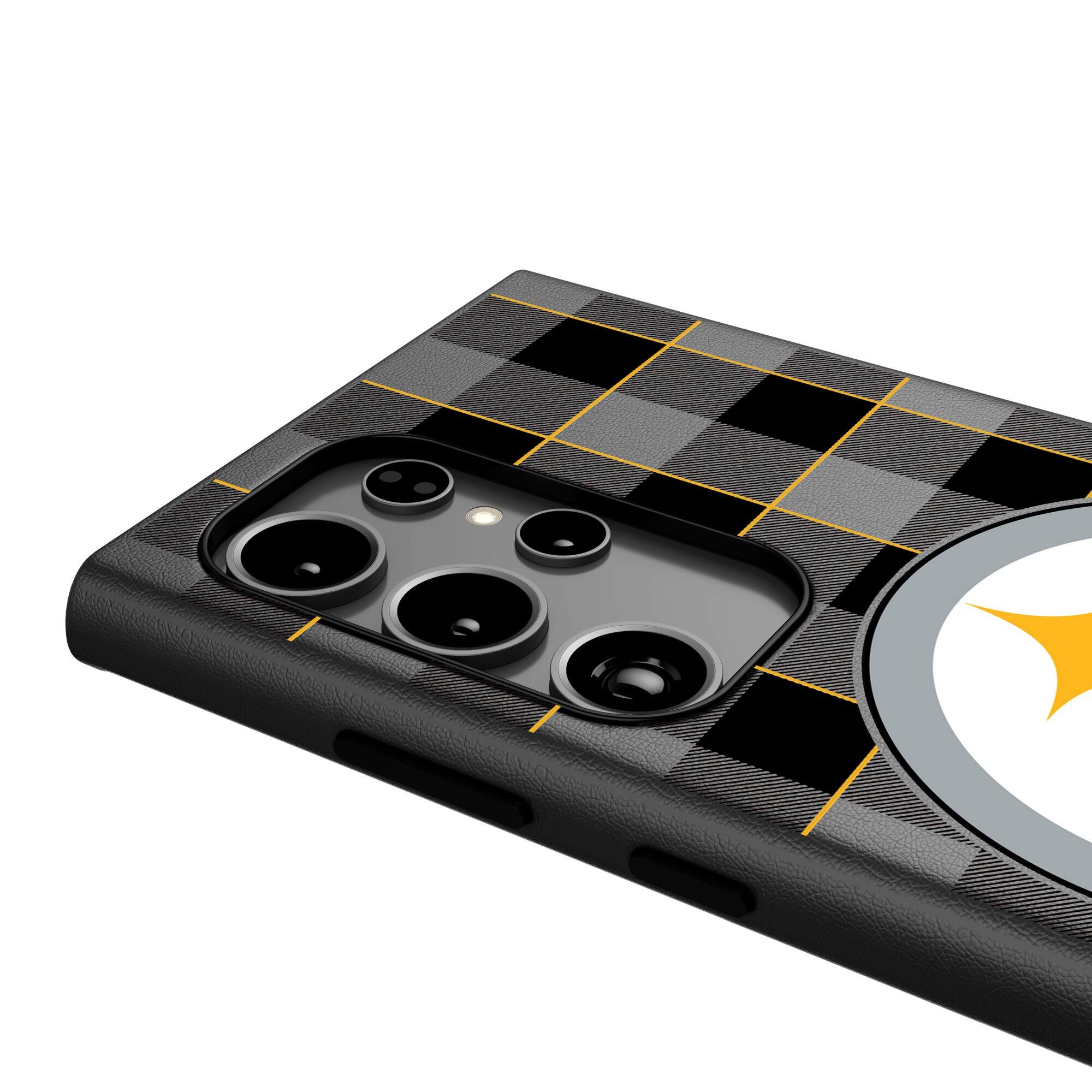 Alt View 3. Keyscaper - Pittsburgh Steelers Plaid Galaxy Magnetic Bump Case - S25 Ultra - Black.