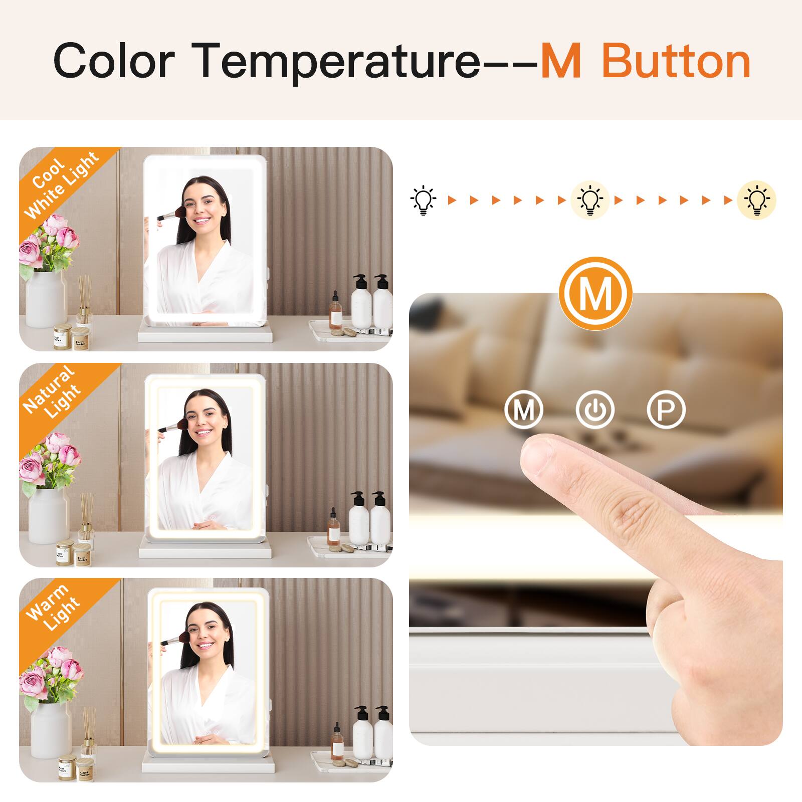 Color Temperature--M Button

Cool White Light  
Natural Light  
Warm Light