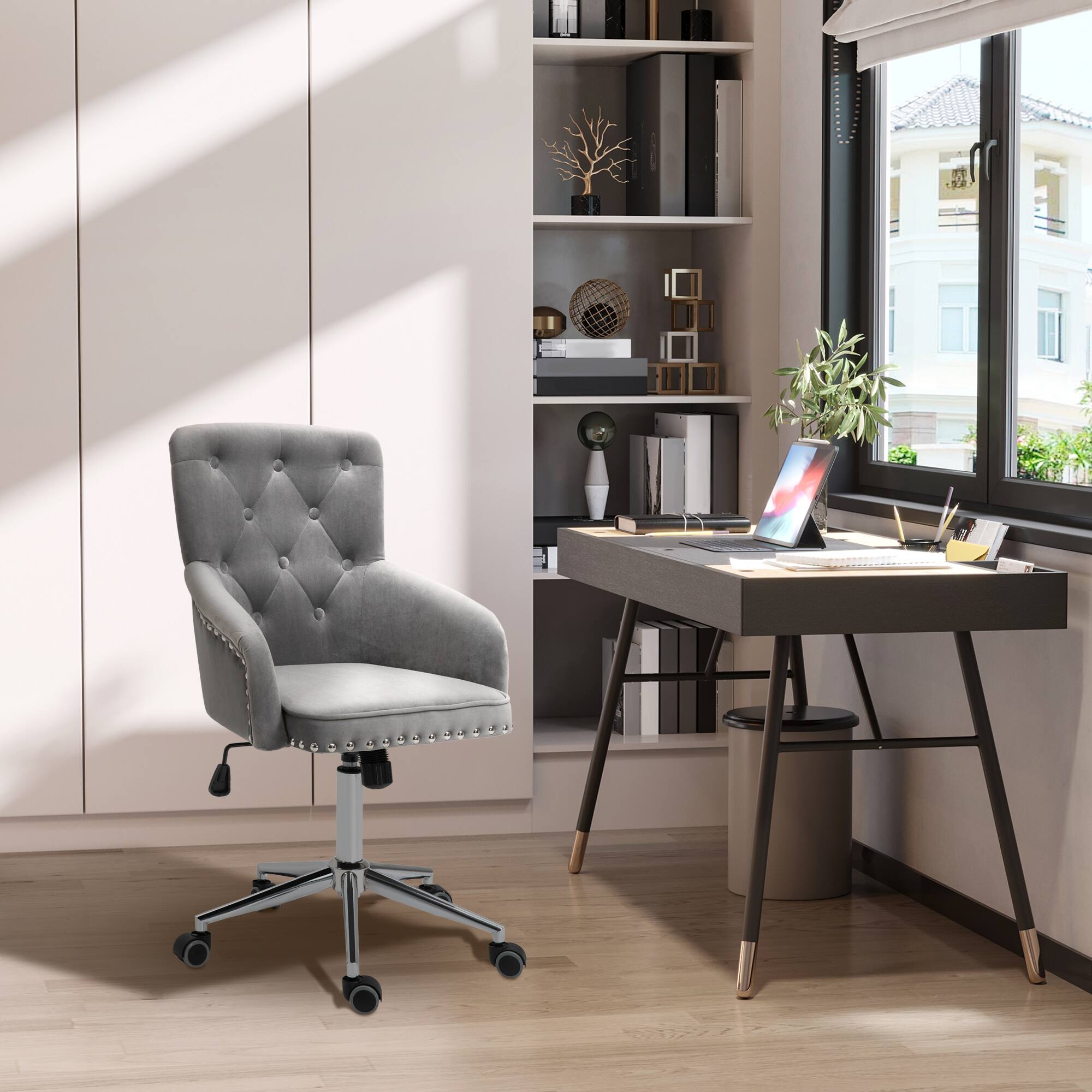 Angle. Homcom - Modern Desk Chair with Velvet Back, Nailhead Trim - gray.