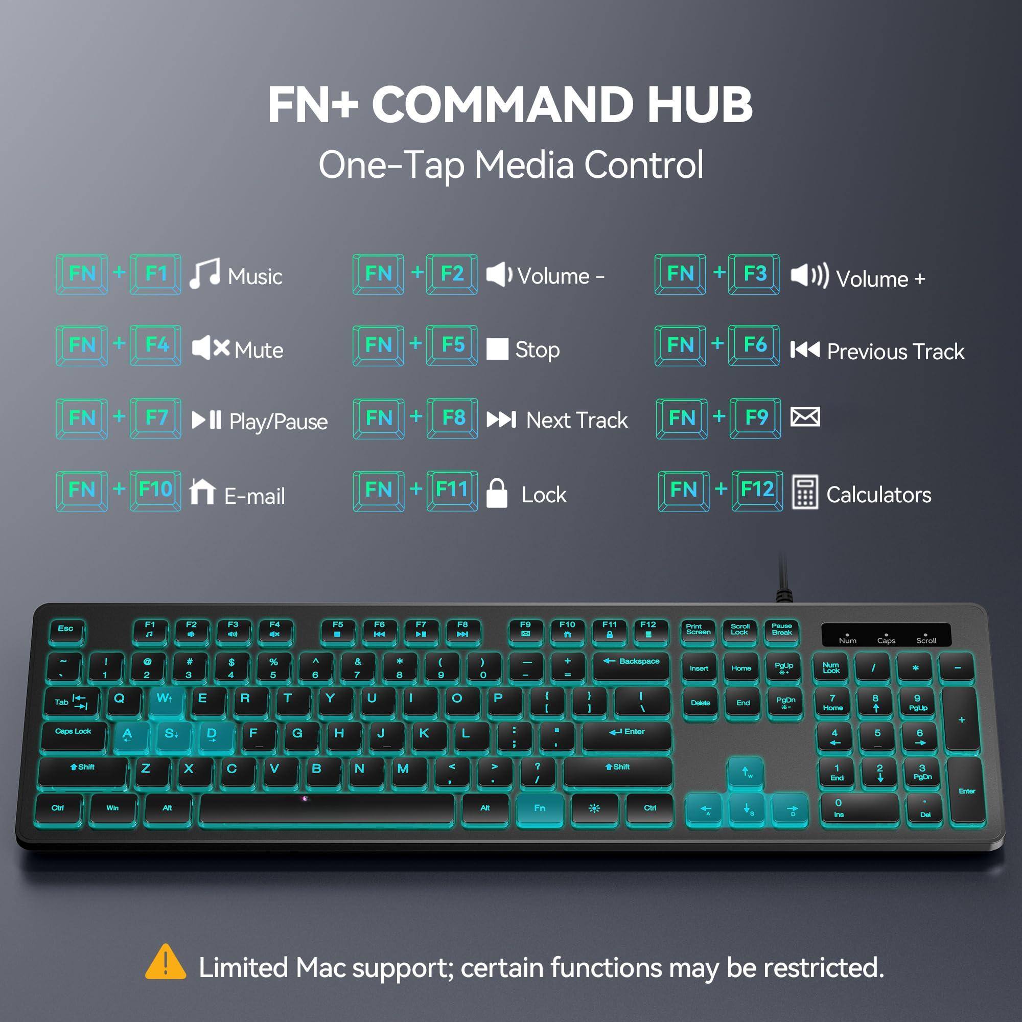 FN+ COMMAND HUB  
One-Tap Media Control

- FN + F1 Music
- FN + F2 Volume -
- FN + F3 Volume +
- FN + F4 Mute
- FN + F5 Stop
- FN + F6 Previous Track
- FN + F7 Play/Pause
- FN + F8 Next Track
- FN + F9
- FN + F10 E-mail
- FN + F11 Lock
- FN + F12 Calculators

Limited Mac support; certain functions may be restricted.
