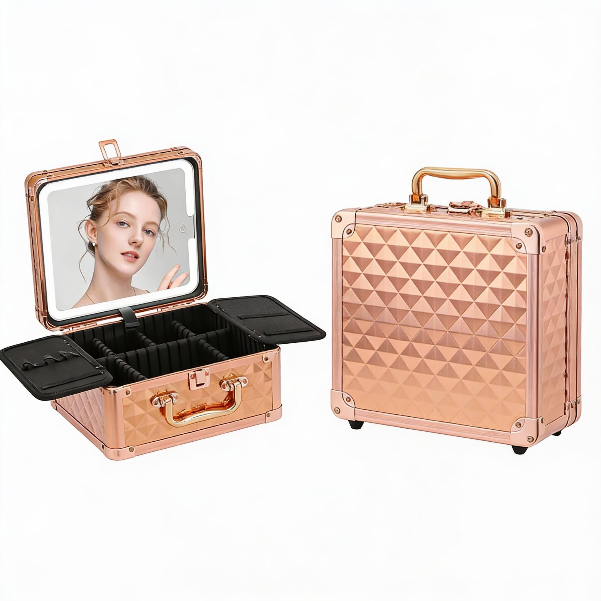 Back. OMOMMD - Makeup Box With Lighted Mirror Portable Case Organizer off - cream color.