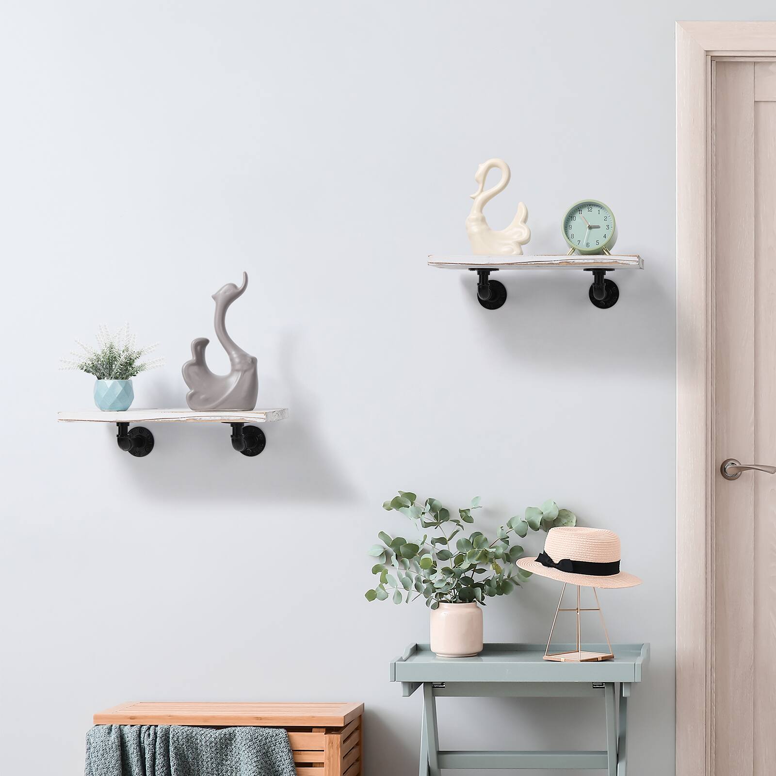 Alt View 2. Oumilen - Set of 2 Whitewashed Floating Shelves with Industrial Pipe Brackets - Whitewashed.
