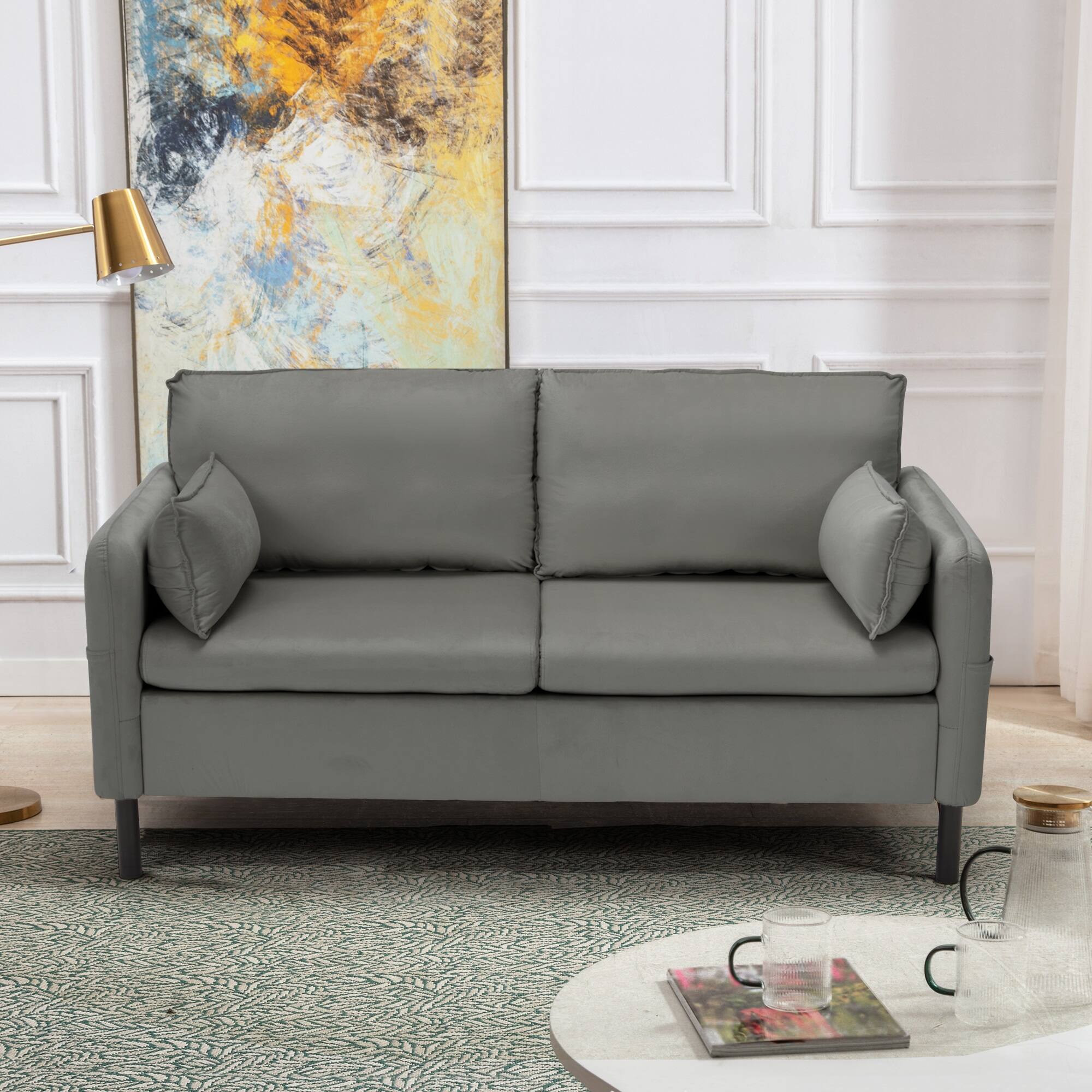Angle. U-HOMY - Modern Loveseat Sofa with Storage Pockets and Cushions – Small Space 2-Seater Couch for Living Room - Grey.