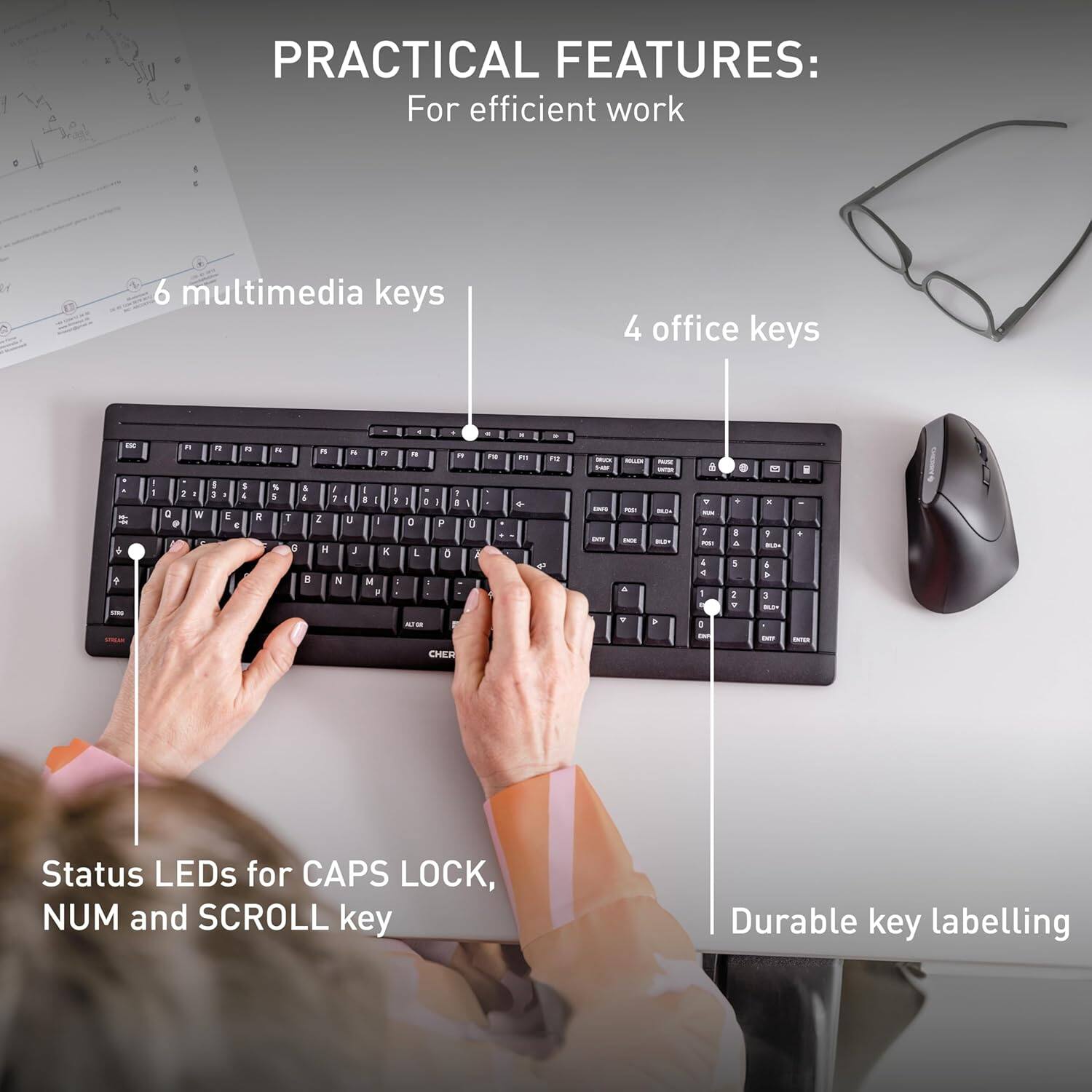 PRACTICAL FEATURES: For efficient work

- 6 multimedia keys
- 4 office keys
- Status LEDs for CAPS LOCK, NUM and SCROLL key
- Durable key labelling