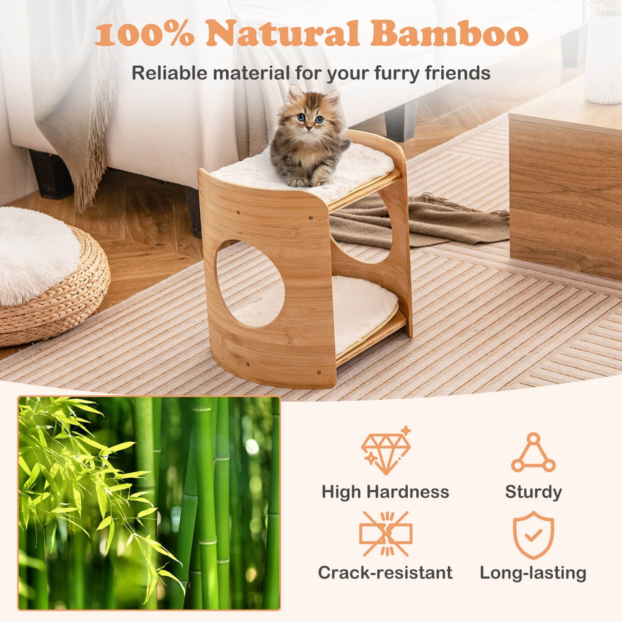 100% Natural Bamboo  
Reliable material for your furry friends  

High Hardness  
Sturdy  
Crack-resistant  
Long-lasting