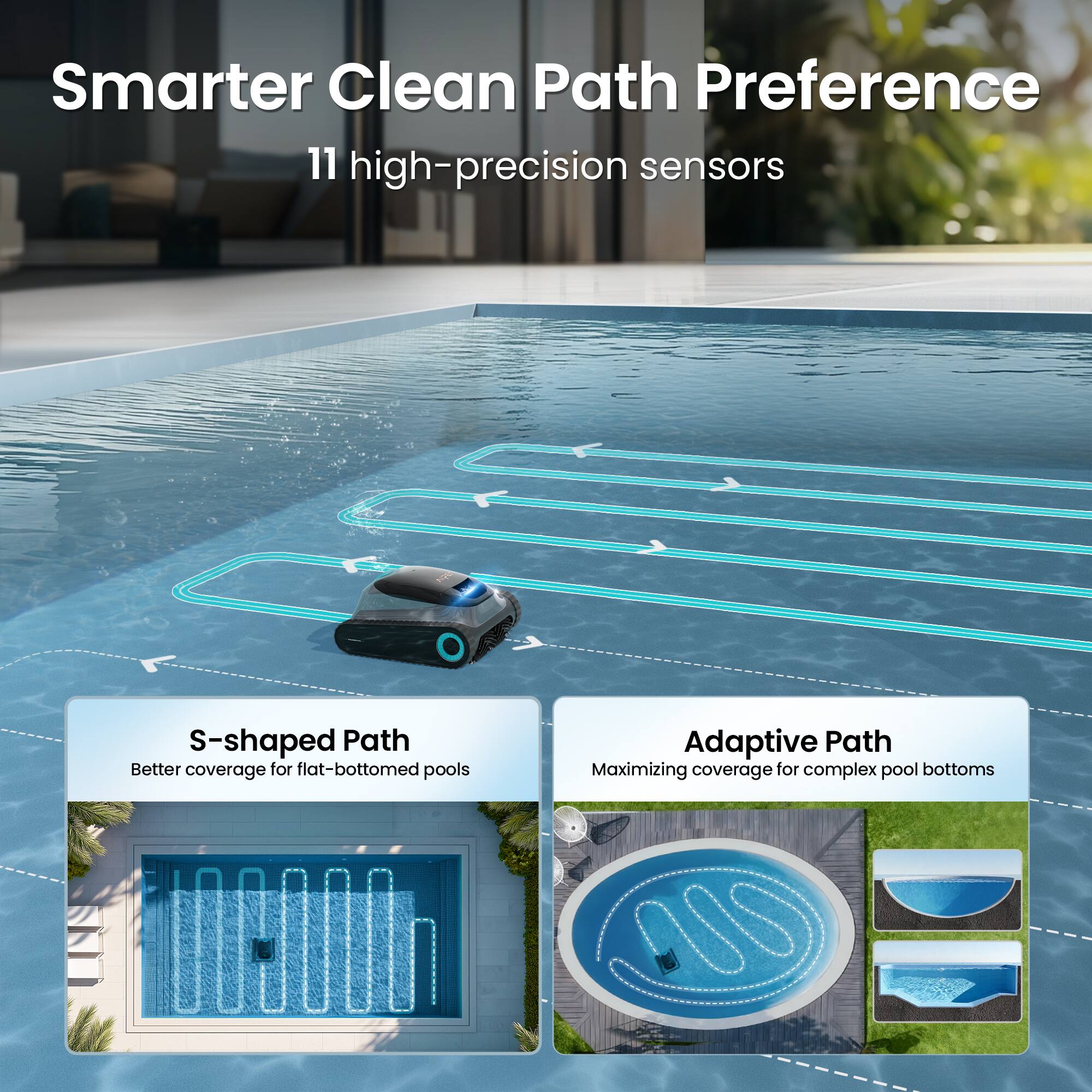 Smarter Clean Path Preference  
11 high-precision sensors  
S-shaped Path  
Better coverage for flat-bottomed pools  
Adaptive Path  
Maximizing coverage for complex pool bottoms
