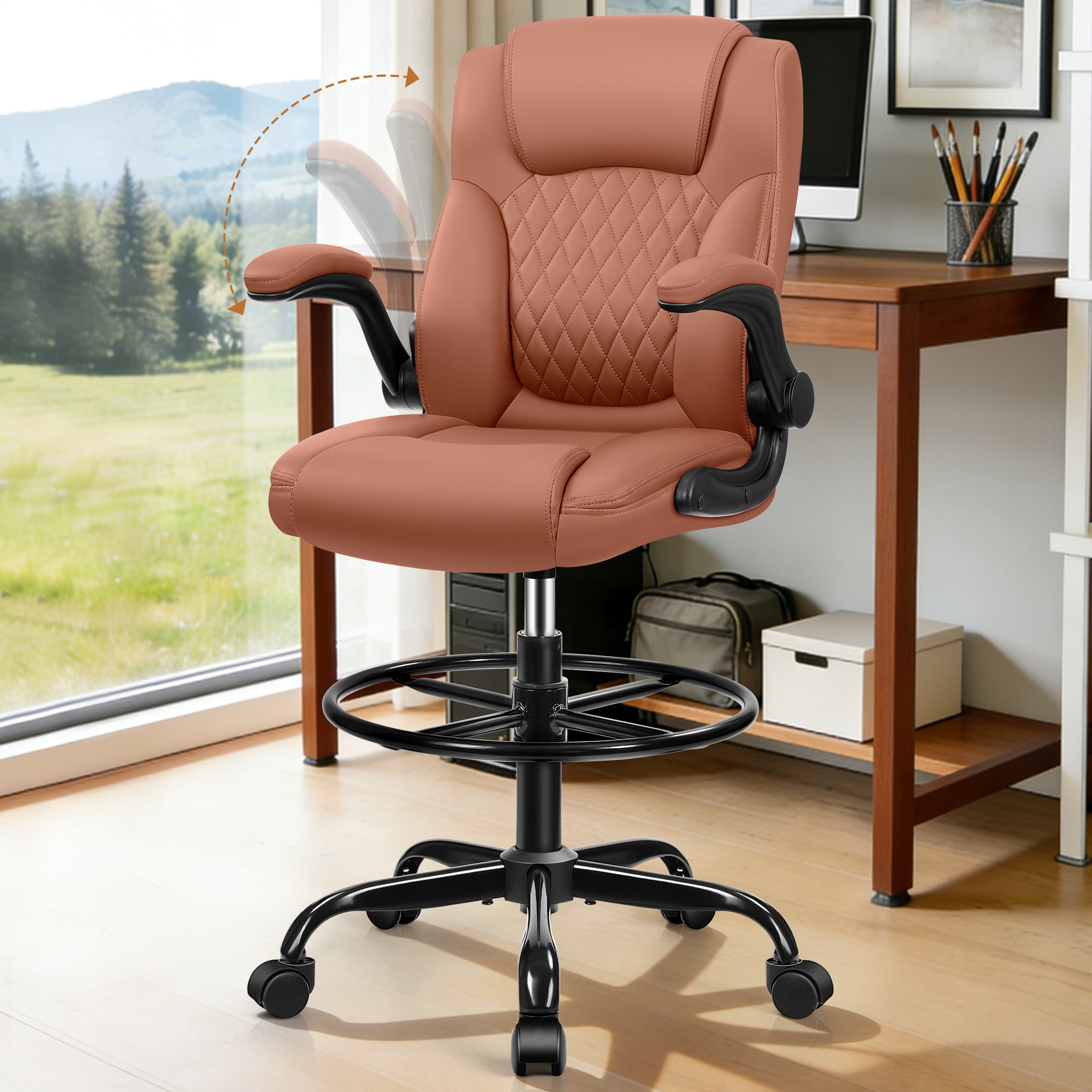 Brick Attic - Executive Tall Drafting Chair, Ergonomic Leather Office Chair with Flip-Up Armrest, Adjustable Height Desk Chair - Brown