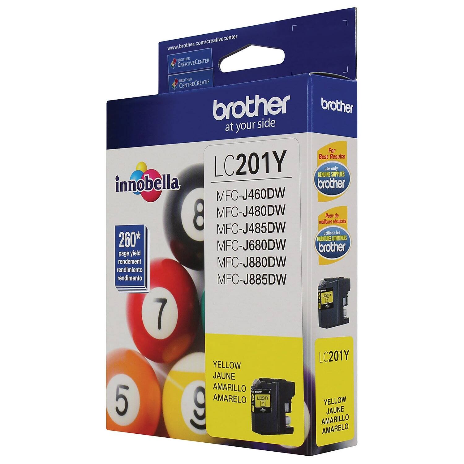 www.brother.com/creativecenter  
BROTHER CREATIVE CENTER  
BROTHER CENTRE CRÉATIF  

BROTHER at your side  

For Best Results  
use only GENUINE SUPPLIES  
brother  

Pour de meilleurs résultats  
utilisez uniquement les consommables  
brother  

innobella  

LC201Y  
MFC-J460DW  
MFC-J480DW  
MFC-J485DW  
MFC-J680DW  
MFC-J880DW  
MFC-J885DW  

260* page yield  
rendement  
rendimiento  
rendimento  

LC201Y YELLOW  
JAUNE  
AMARILLO  
AMARELO  

LC201Y YELLOW  
JAUNE  
AMARILLO  
AMARELO  

*Page yield is based on ISO/IEC 19752. Actual yield may vary depending on usage.