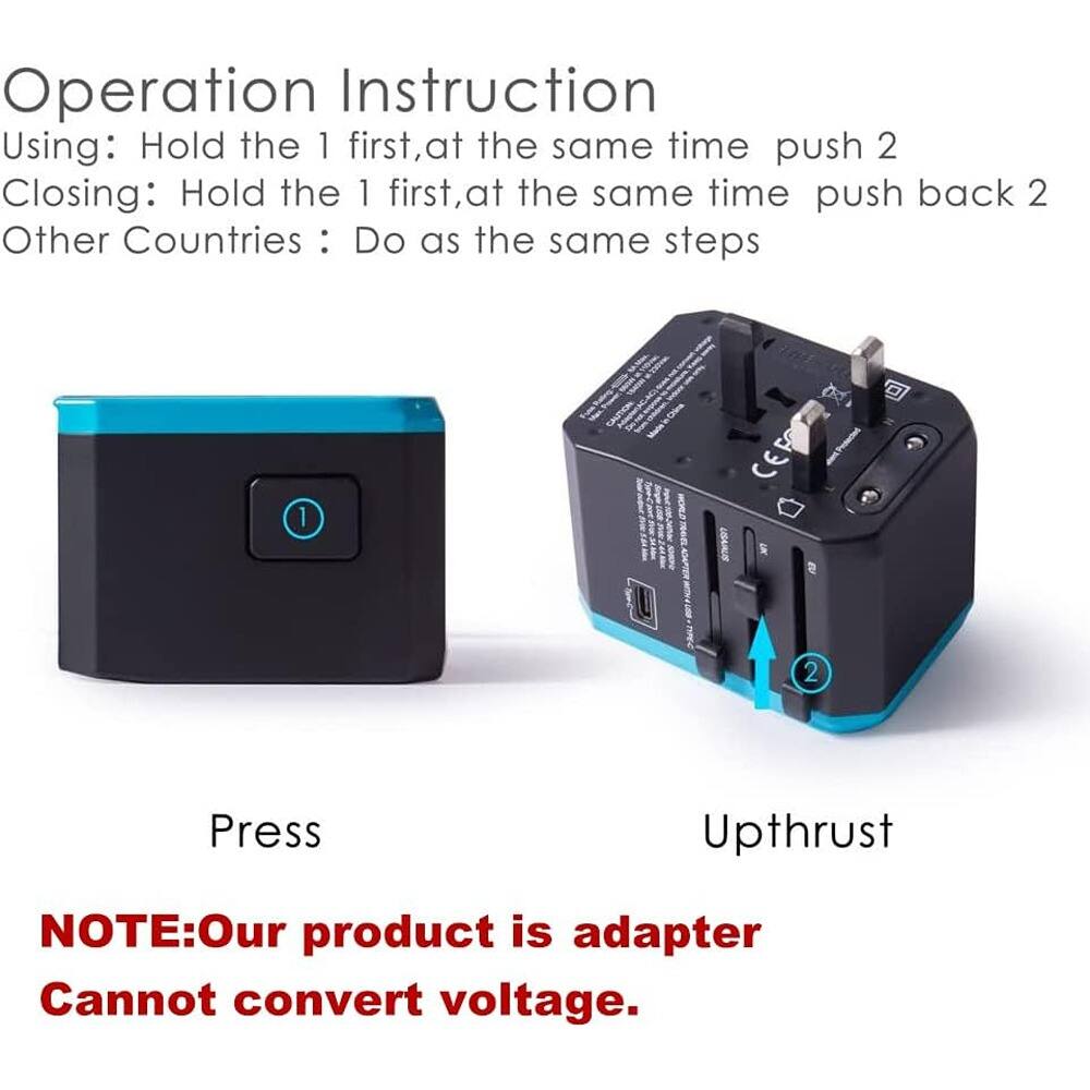 Operation Instruction

Using: Hold the 1 first, at the same time push 2  
Closing: Hold the 1 first, at the same time push back 2  
Other Countries: Do as the same steps  

Press  
Upthrust  

NOTE: Our product is adapter. Cannot convert voltage.