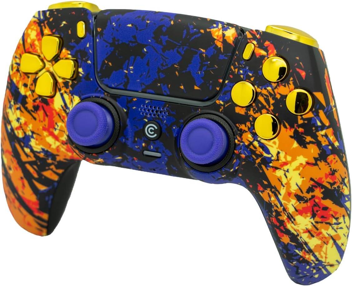 Angle. Custom Controllerzz - Custom Wireless Controller for PS5 - Inferno Galaxy & Gold Chrome Inserts.
