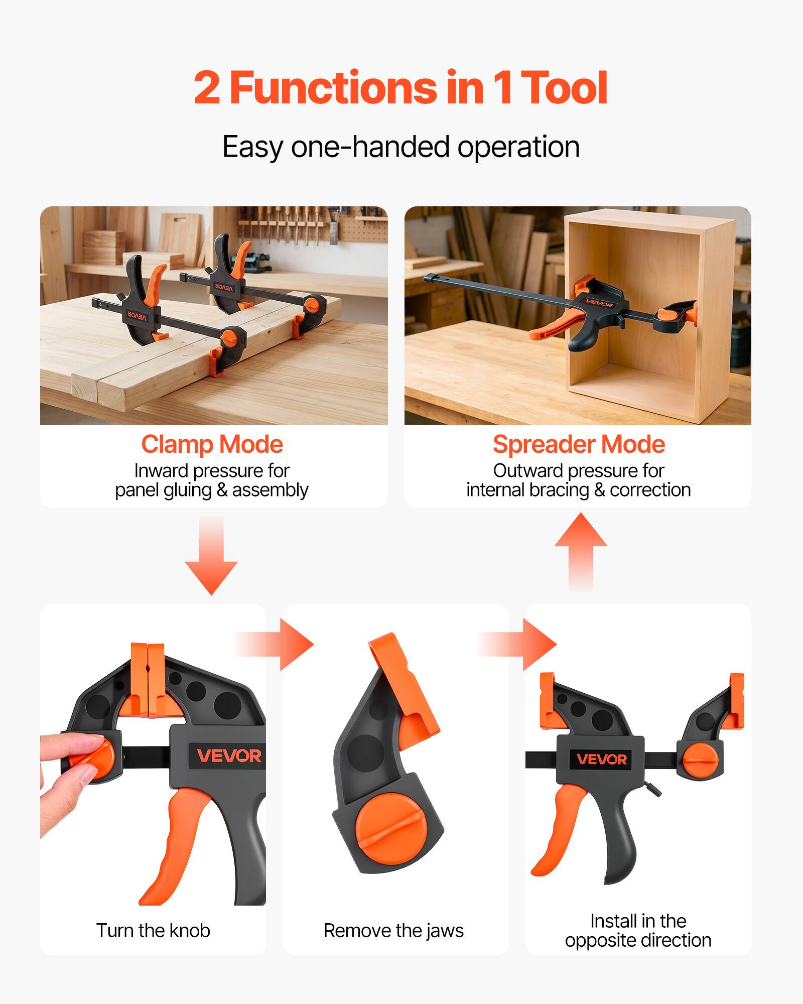 2 Functions in 1 Tool  
Easy one-handed operation  

Clamp Mode  
Inward pressure for panel gluing & assembly  

Spreader Mode  
Outward pressure for internal bracing & correction  

VEVOR  
Turn the knob  
Remove the jaws  
Install in the opposite direction