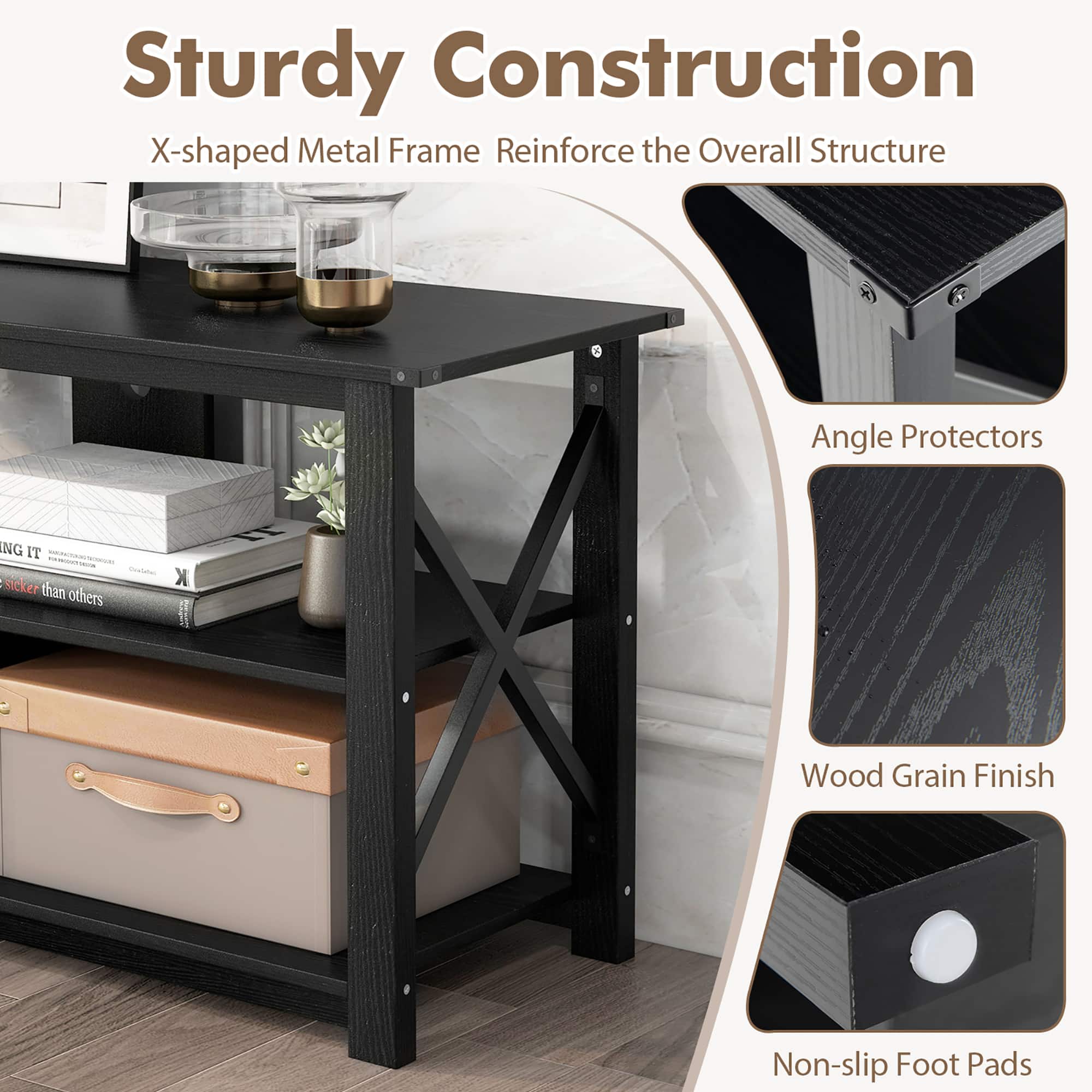 Sturdy Construction X-shaped Metal Frame Reinforce the Overall Structure Angle Protectors Non-slip Foot Pads Wood Grain Finish