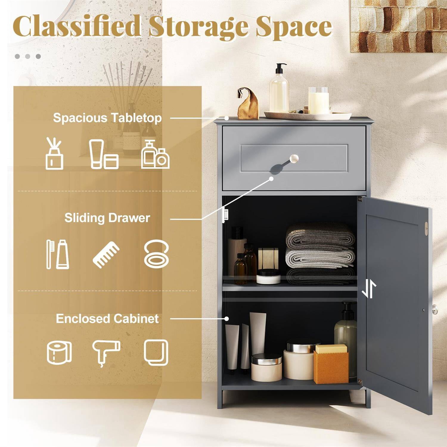 Classified Storage Space

- Spacious Tabletop
- Sliding Drawer
- Enclosed Cabinet