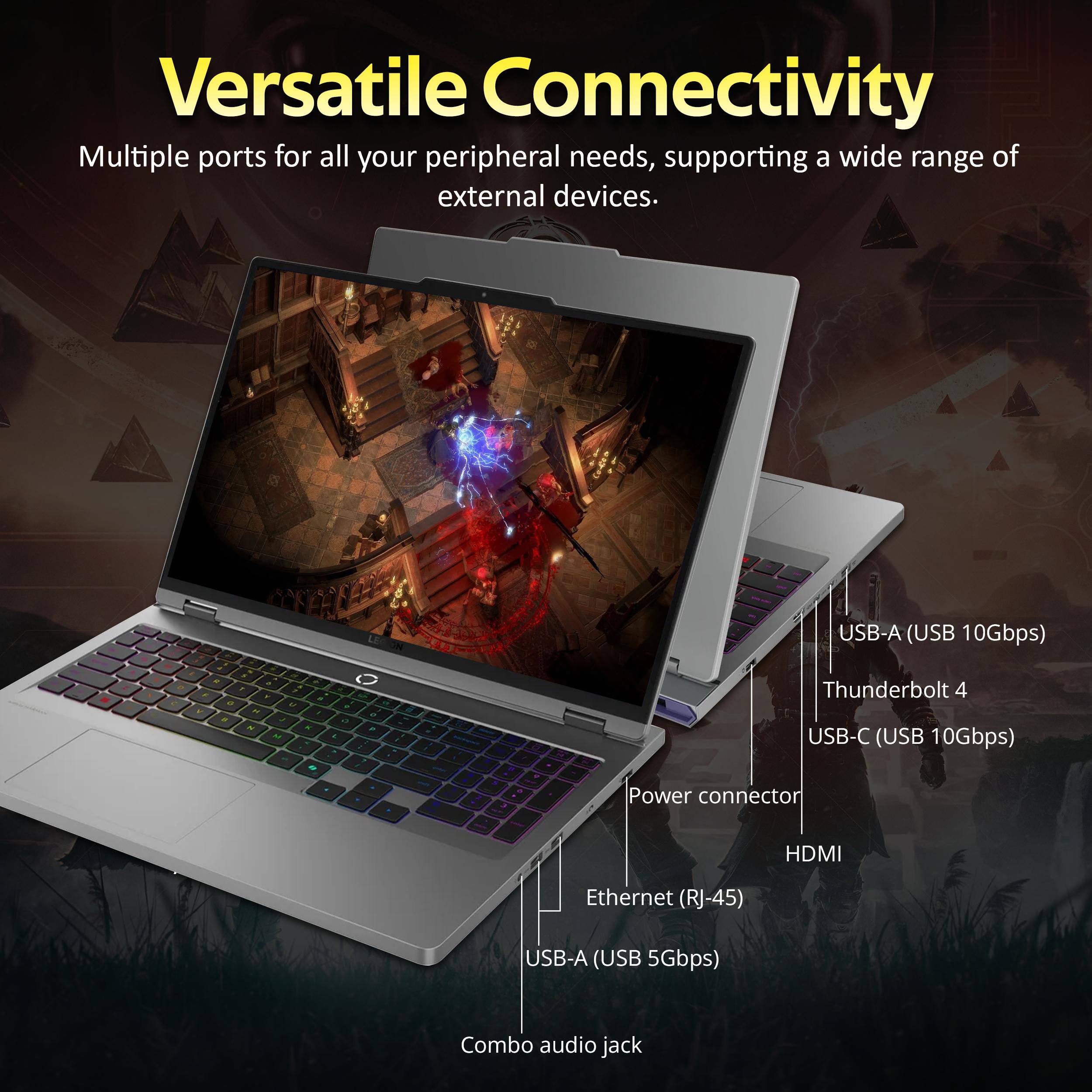 Versatile Connectivity  
Multiple ports for all your peripheral needs, supporting a wide range of external devices.  
USB-A (USB 10Gbps)  
Thunderbolt 4 USB-C (USB 10Gbps)  
Power connector  
HDMI  
Ethernet (RJ-45)  
USB-A (USB 5Gbps)  
Combo audio jack